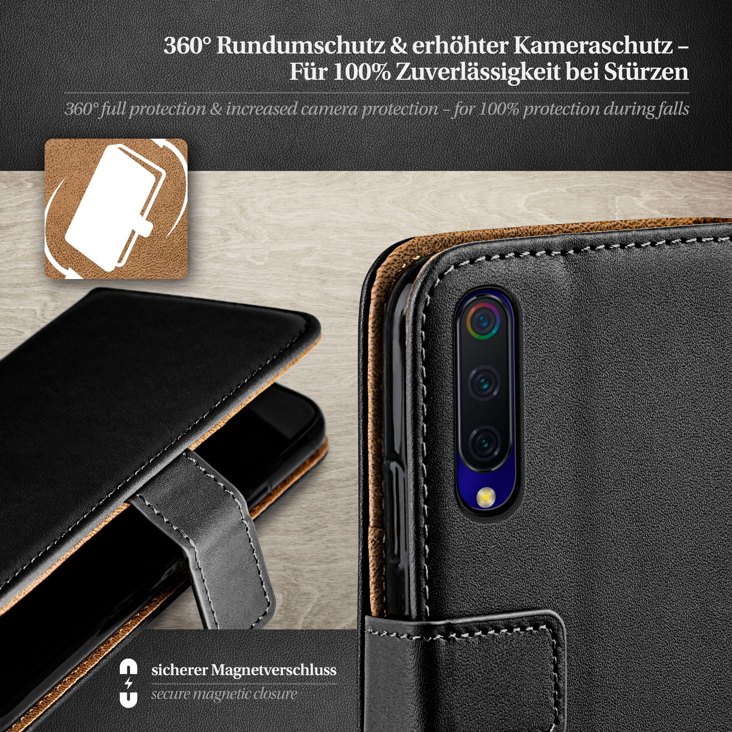 Schwarze Handyhülle auf einem Telefon. Die Hülle ist geschlossen. Eigenschaften werden beschrieben.