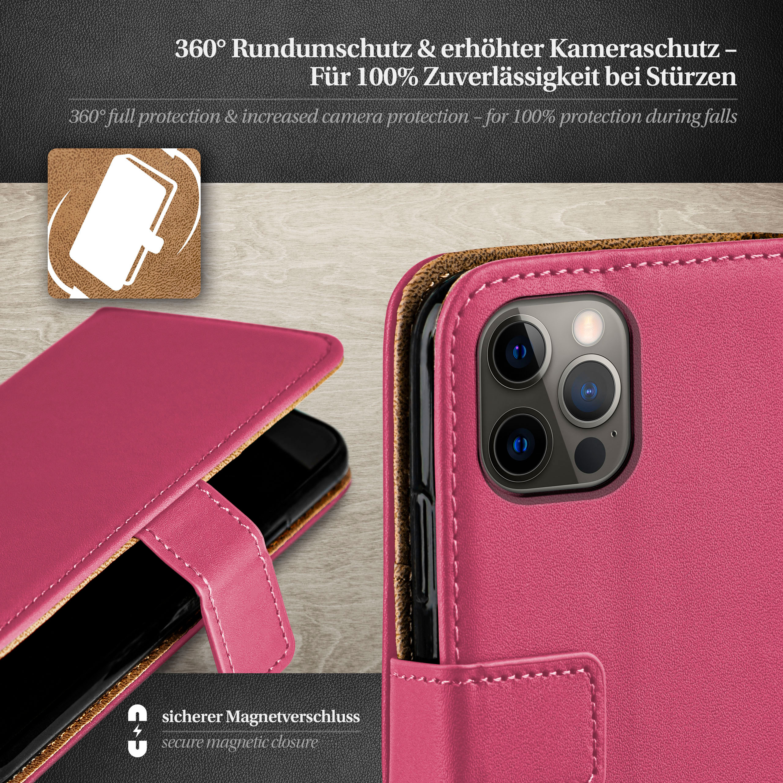 Case, Apple, Bookcover, iPhone 12 / Berry-Fuchsia MOEX Book 12 Pro,