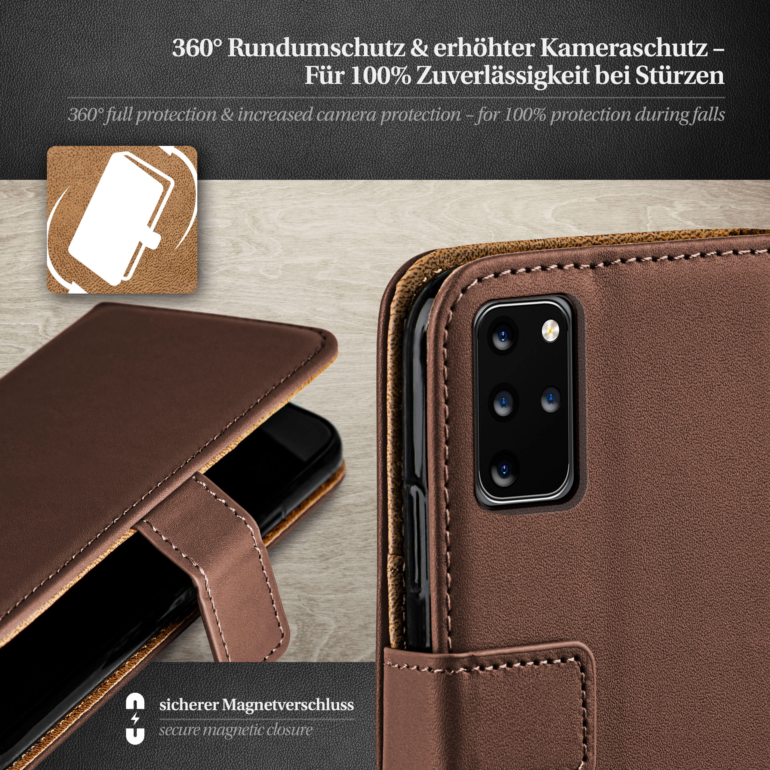Braune Handyhülle mit Telefon. Text: '360° Rundumschutz & erhöhter Kameraschutz'.