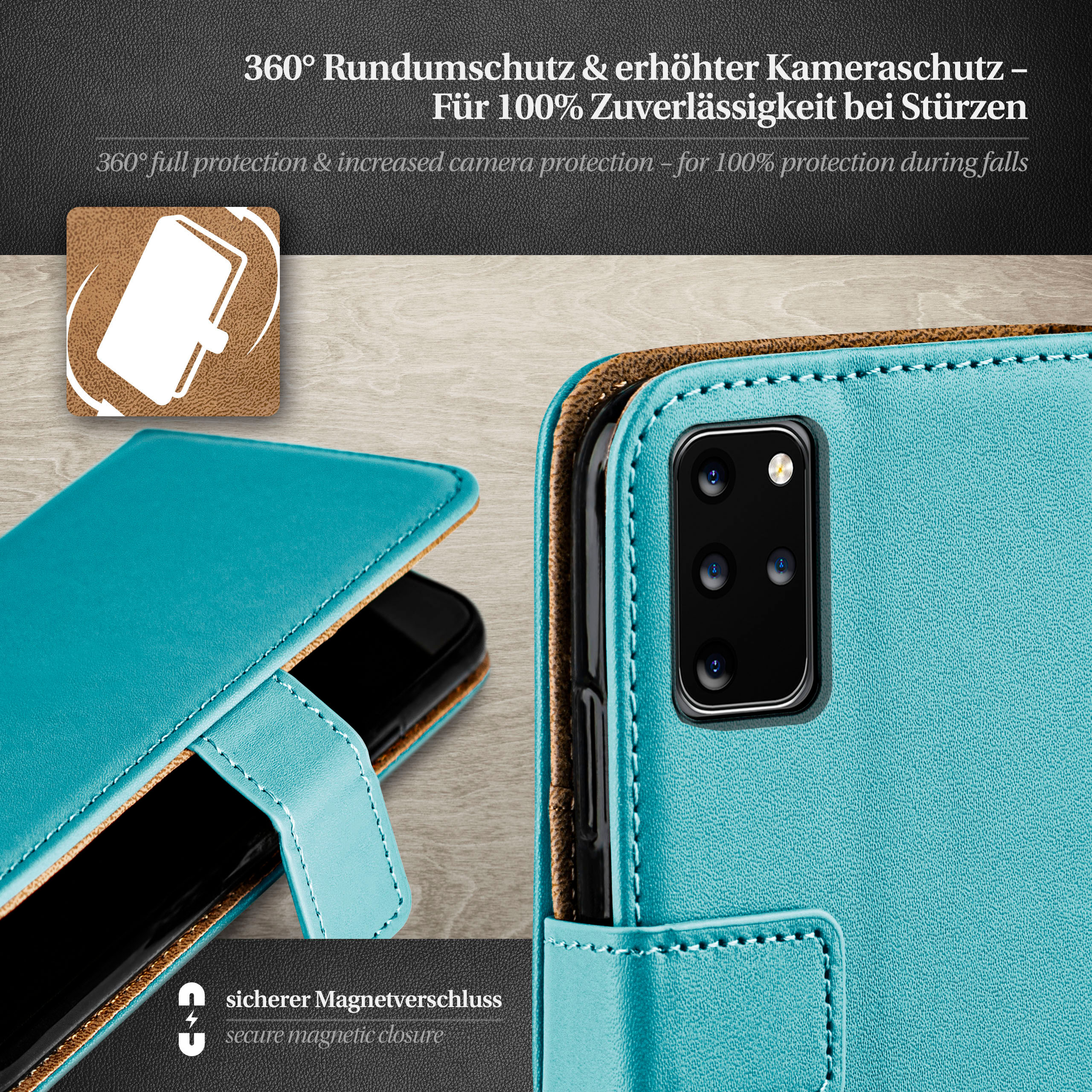 Türkisfarbene Handyhülle in geöffneter Position. Schwarzes Telefon darin. Brauner Hintergrund.