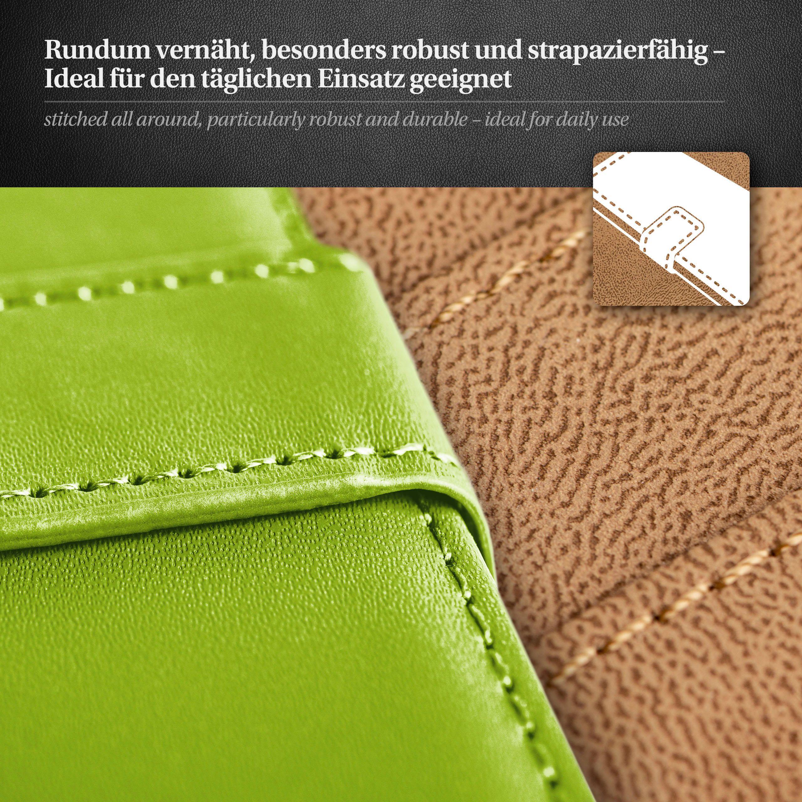 Grüne Lederhülle mit weißen Nähten und braunem Leder innen. Text: Rundum vernäht, robust und strapazierfähig.