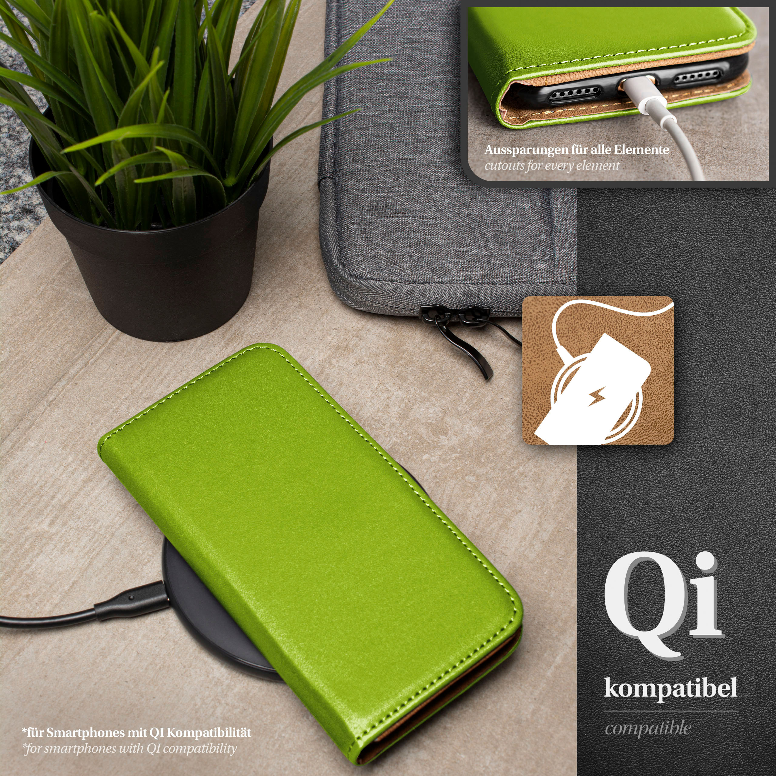 Eine grüne Handyhülle mit einem Telefon auf einem Qi-Ladegerät. Eine Pflanze und eine Tasche sind ebenfalls im Bild.