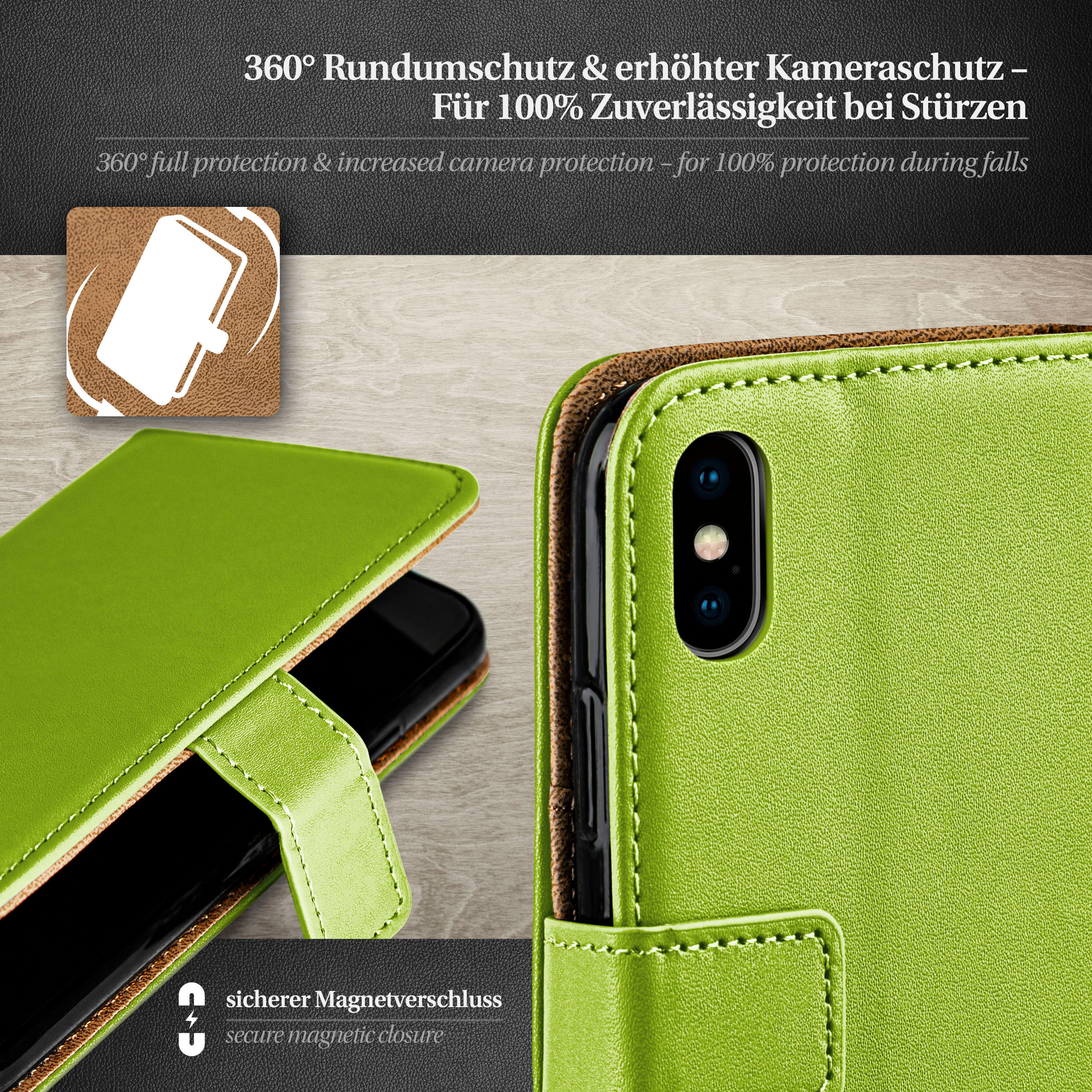 Grüne Handyhülle auf einem Telefon. Die Hülle ist geschlossen. Eigenschaften werden beschrieben.
