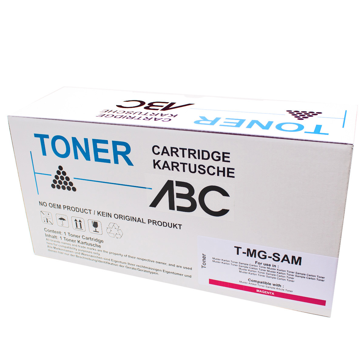 Weißer Tonerkartuschenkarton mit ABC Toner-Logo, Box ist schräg. Text lautet Tonerkartusche.