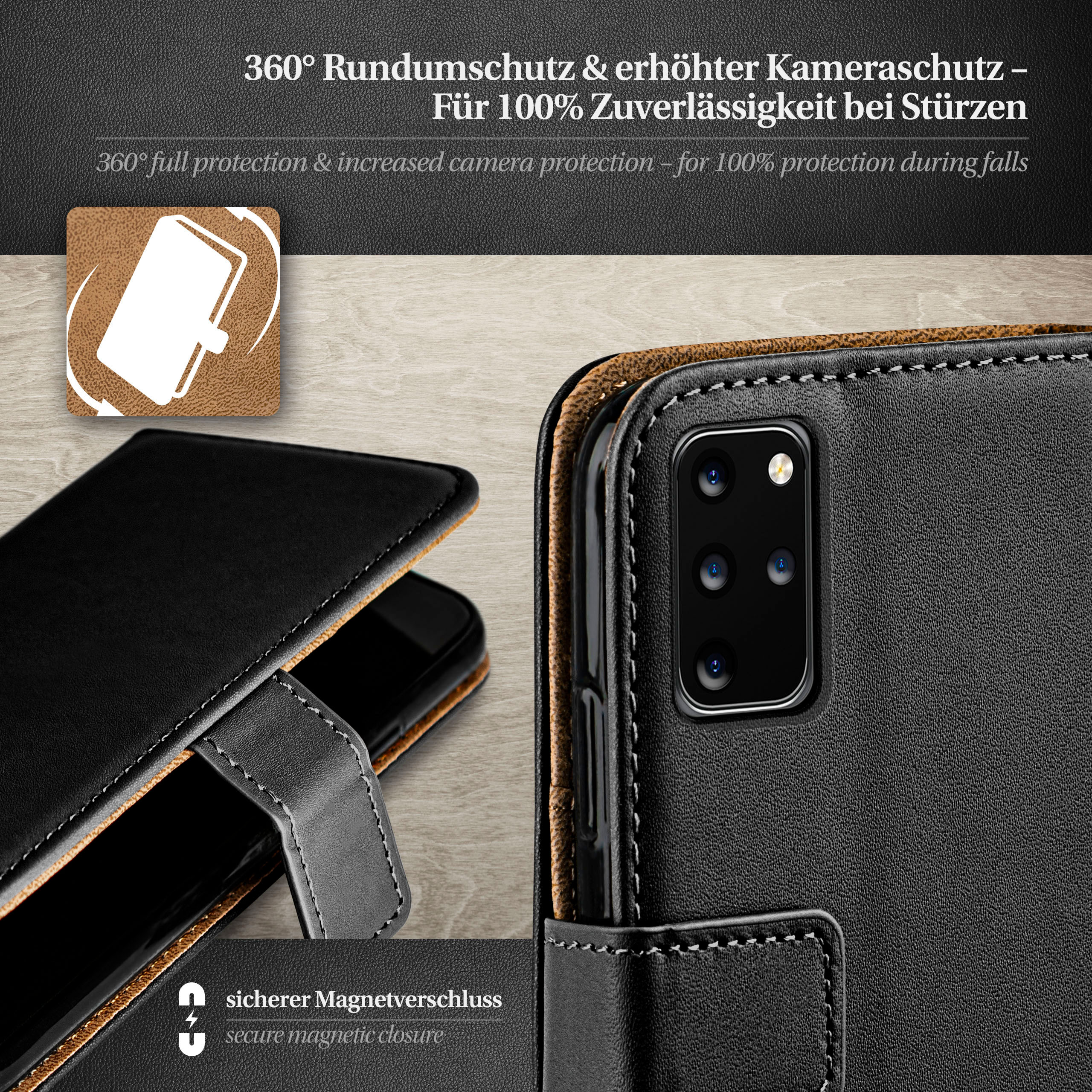 Schwarze Handyhülle mit Telefon darin und Textüberlagerung.