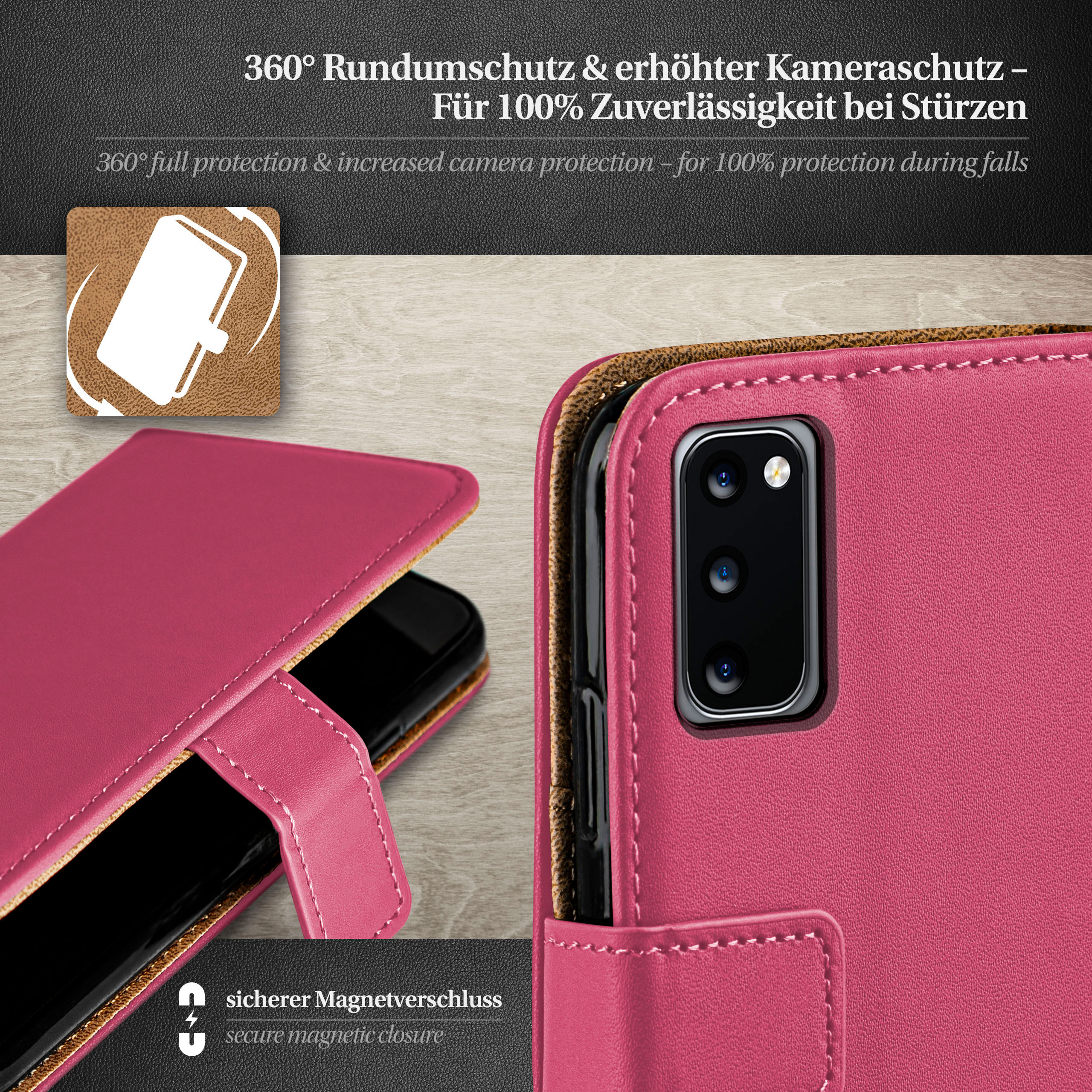 Rosa Handyhülle mit Handy, Text über 360° Schutz und Kameraschutz.