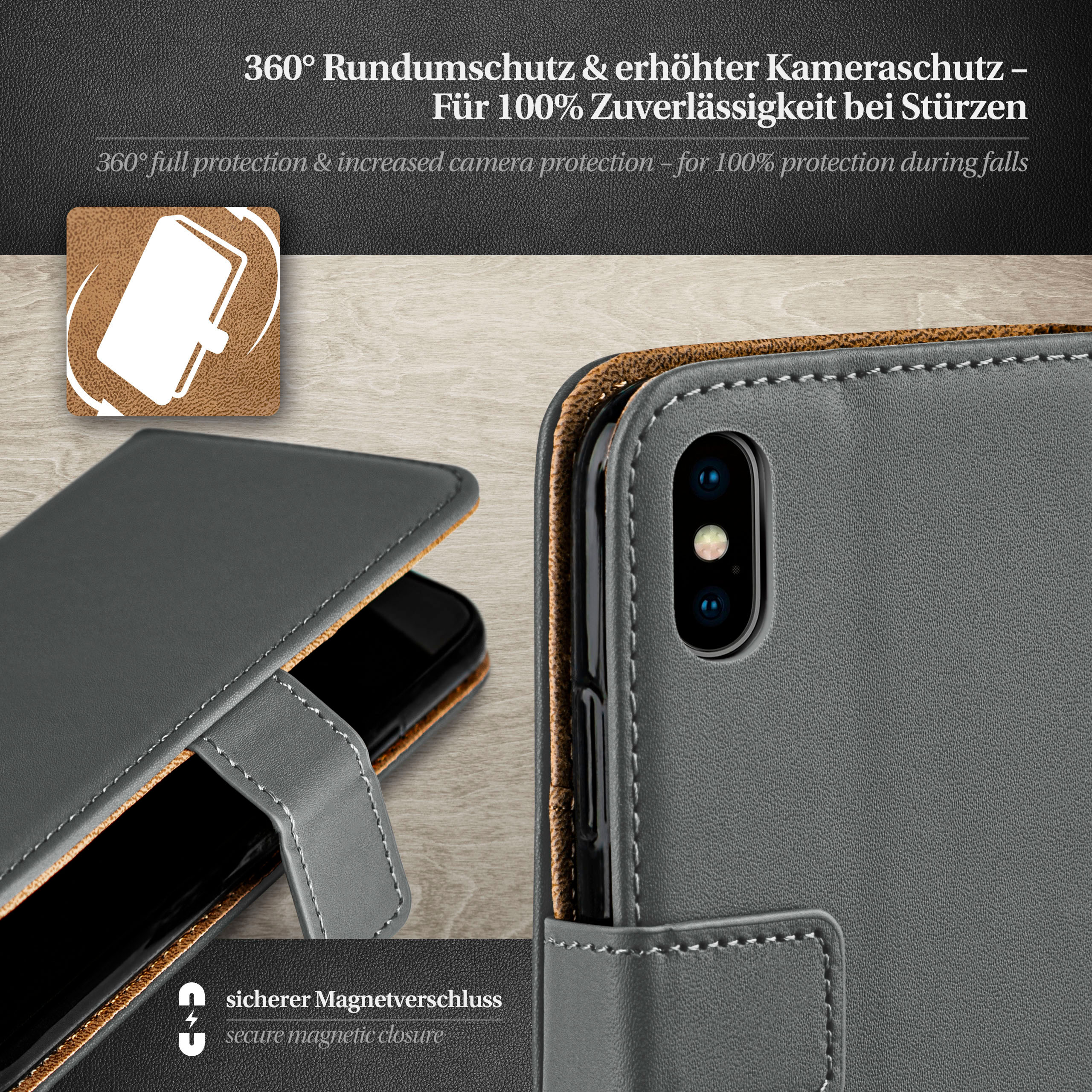 Eine graue Handyhülle mit einem Telefon darin. Die Hülle liegt auf einer Holzoberfläche.