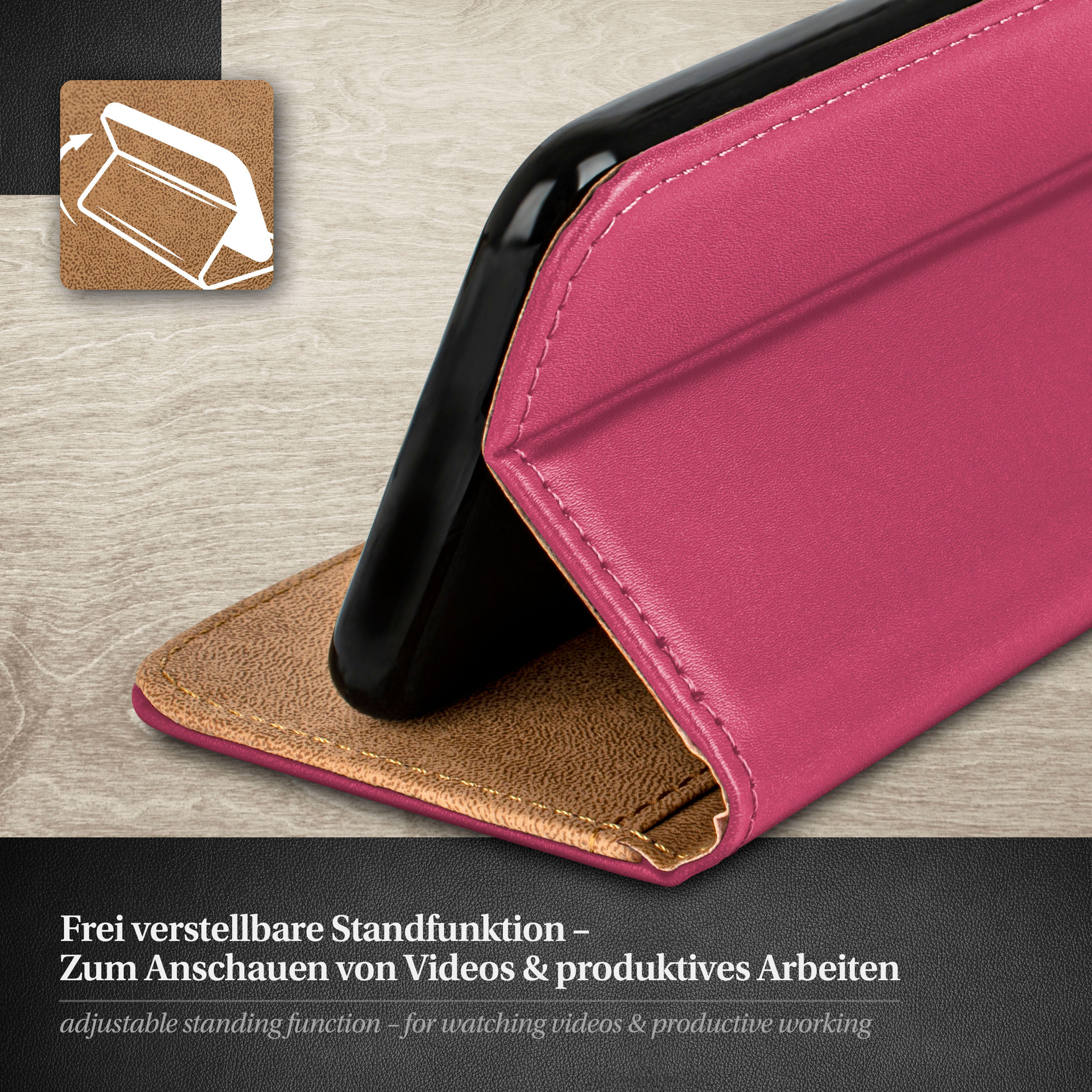 Rosa Handyhülle mit Telefon darin, in stehender Position. Braunes Leder sichtbar.