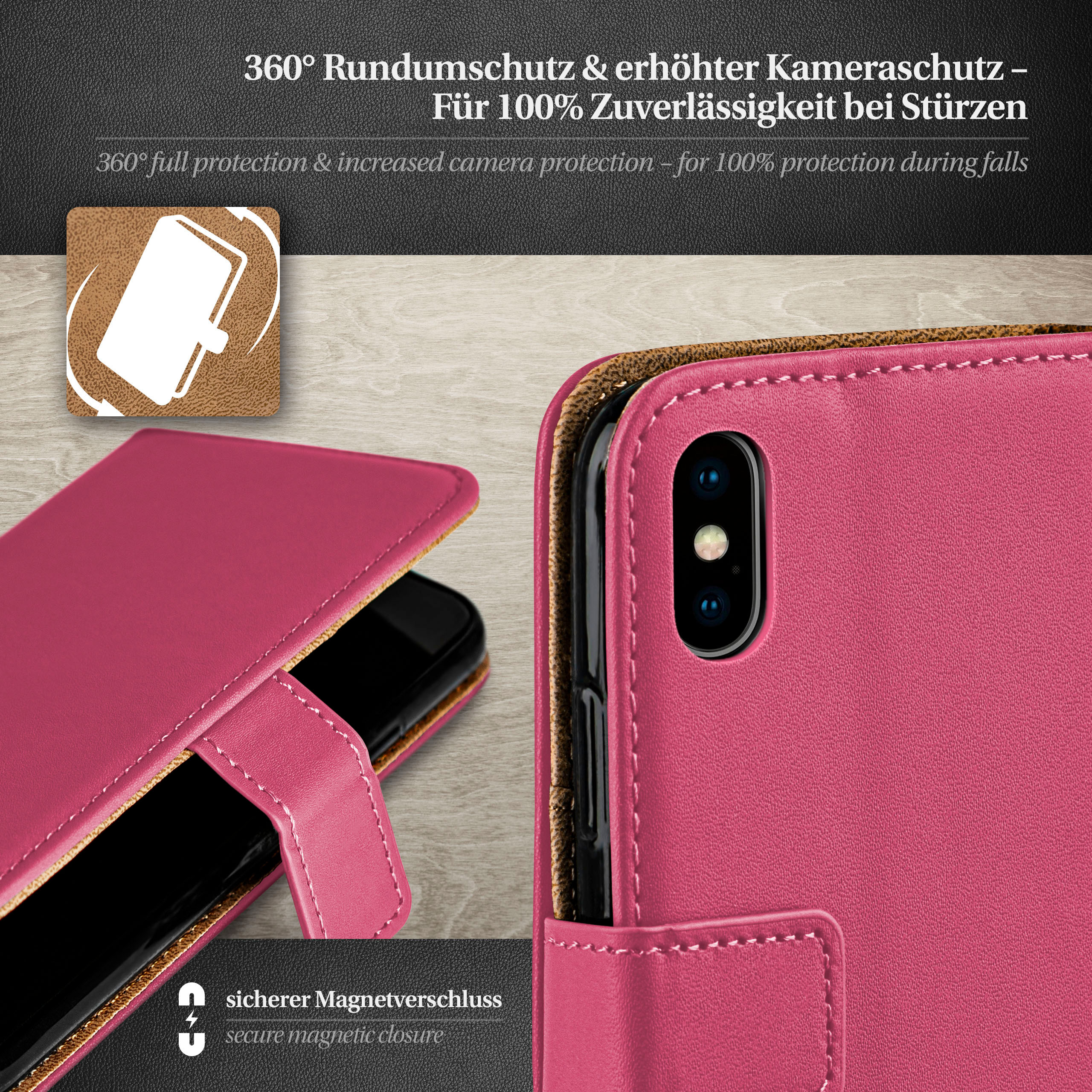 Eine pinkfarbene Handyhülle ist offen. Ein Telefon befindet sich darin. Text und Symbole sind im Hintergrund.