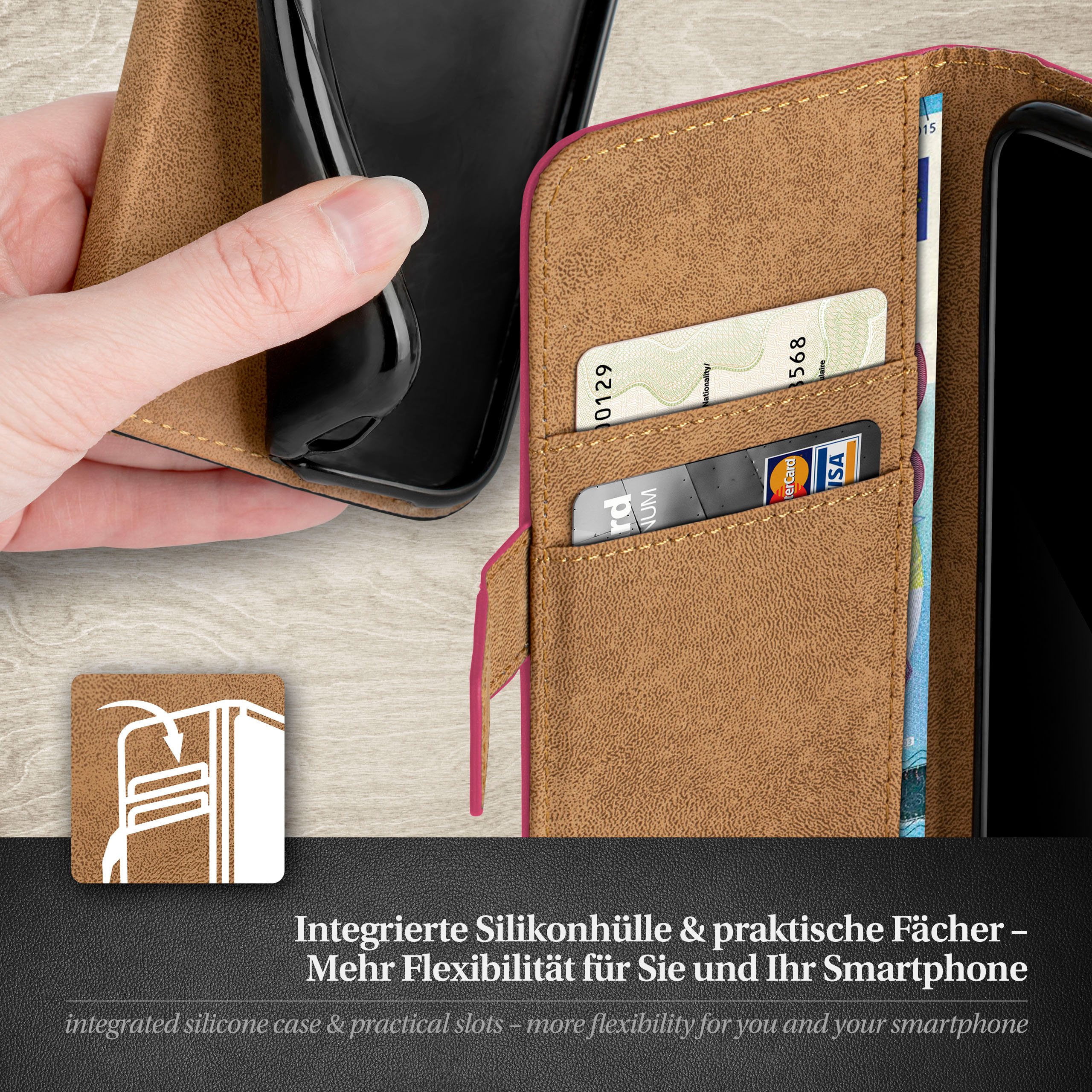 Eine Hand, die eine Handyhülle öffnet und Karten und weitere Details zeigt. Text: 'integrated silicone case'.
