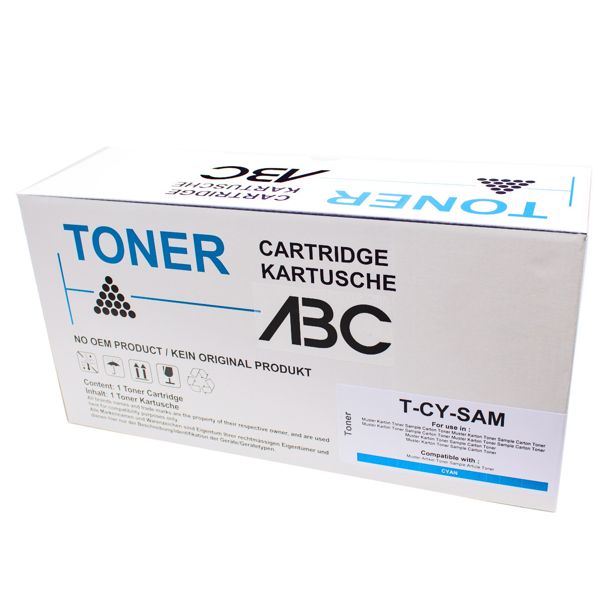 Scatola della cartuccia toner con testo ed elementi grafici. Etichetta: Cartuccia toner, ABC. Ciano.