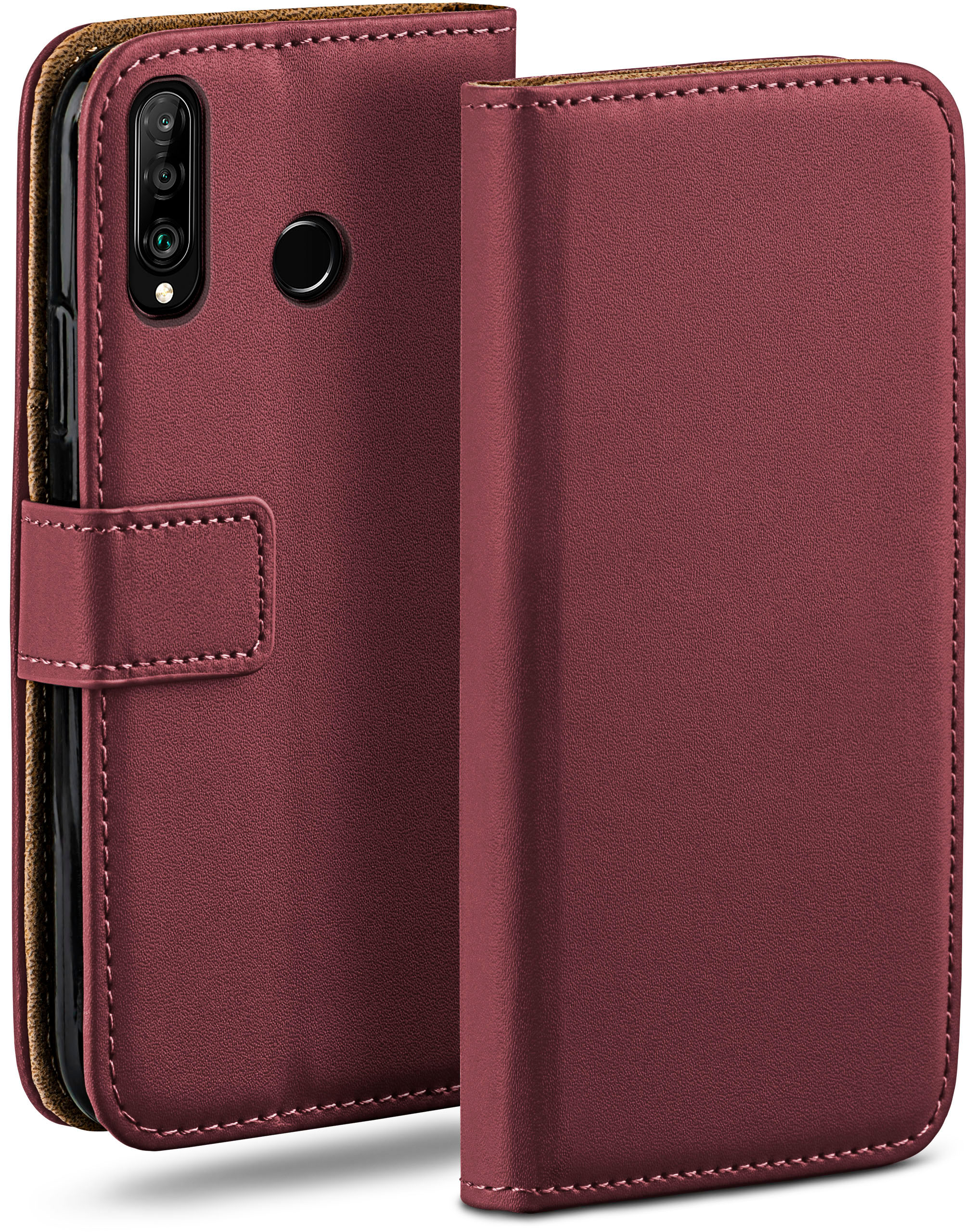Eine weinrote Leder-Handyhülle mit Klappe, die geöffnet ist, um das Telefon zu zeigen. Steppdetails sind sichtbar.