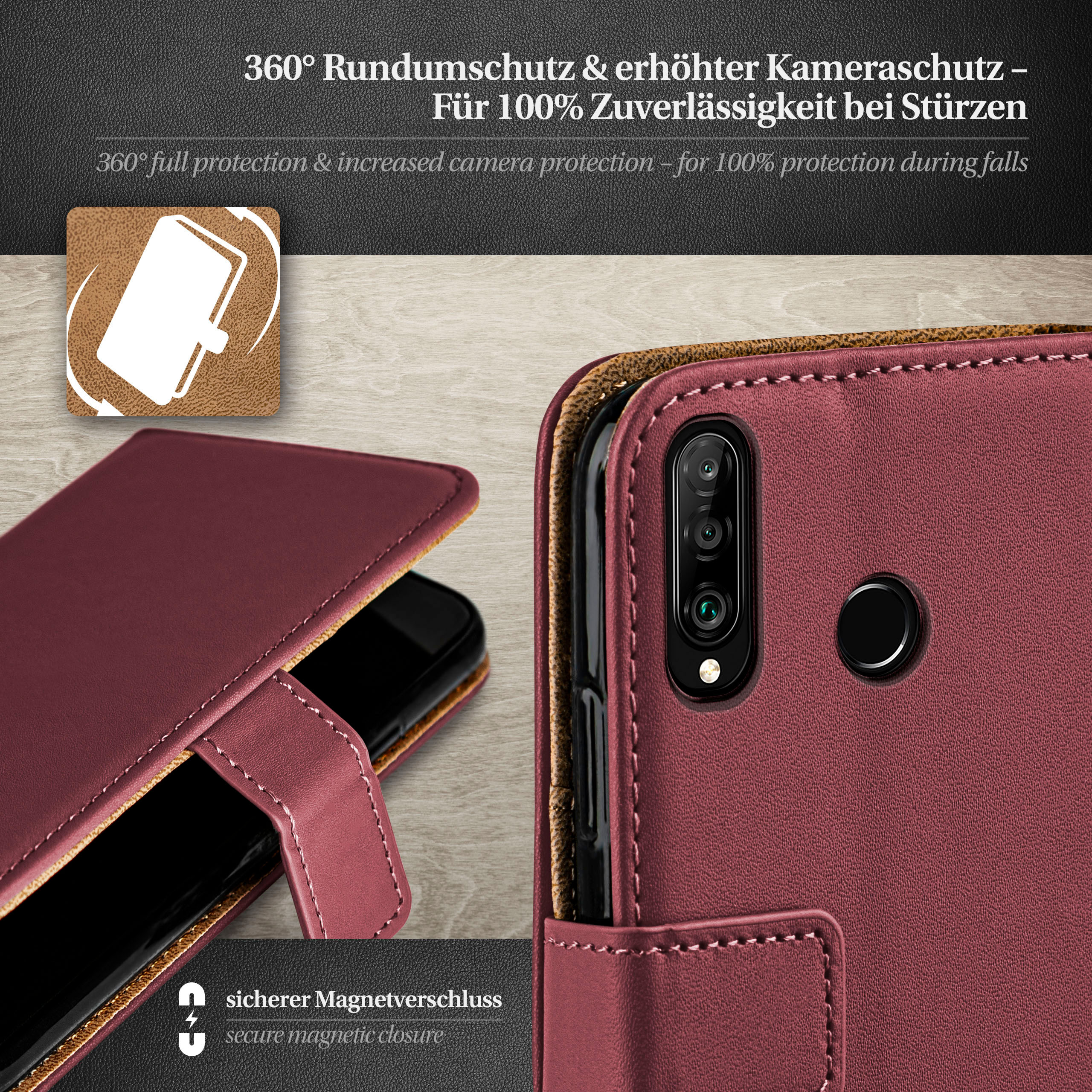 Burgunderfarbene Handyhülle, geöffnet mit Telefon. Nahaufnahme der Kamera. Weißer Text vor braunem Hintergrund.