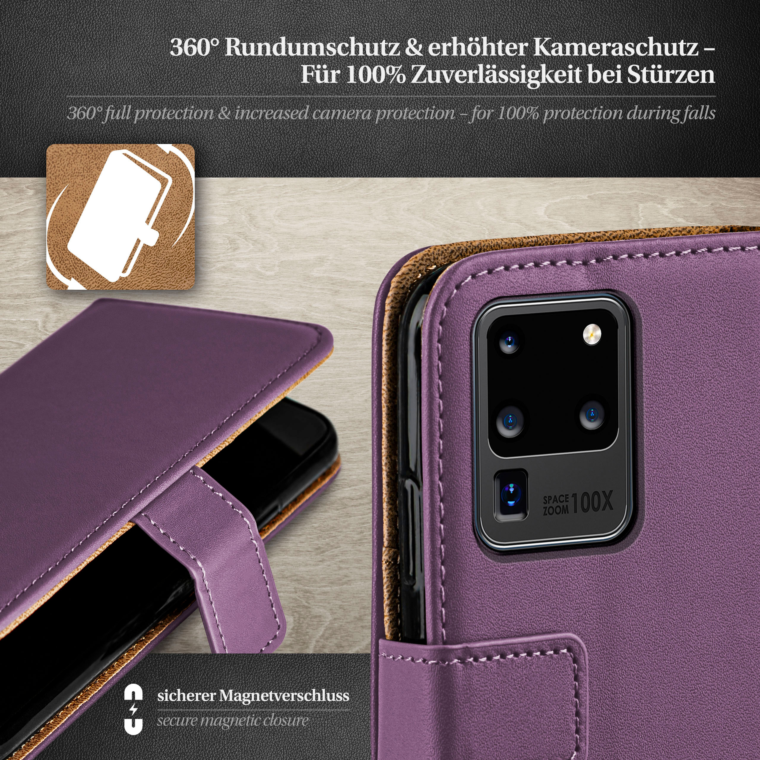 Eine lila Handyhülle mit einem schwarzen Telefon im Inneren. Eine kleine, weiße Grafik befindet sich in der Ecke.