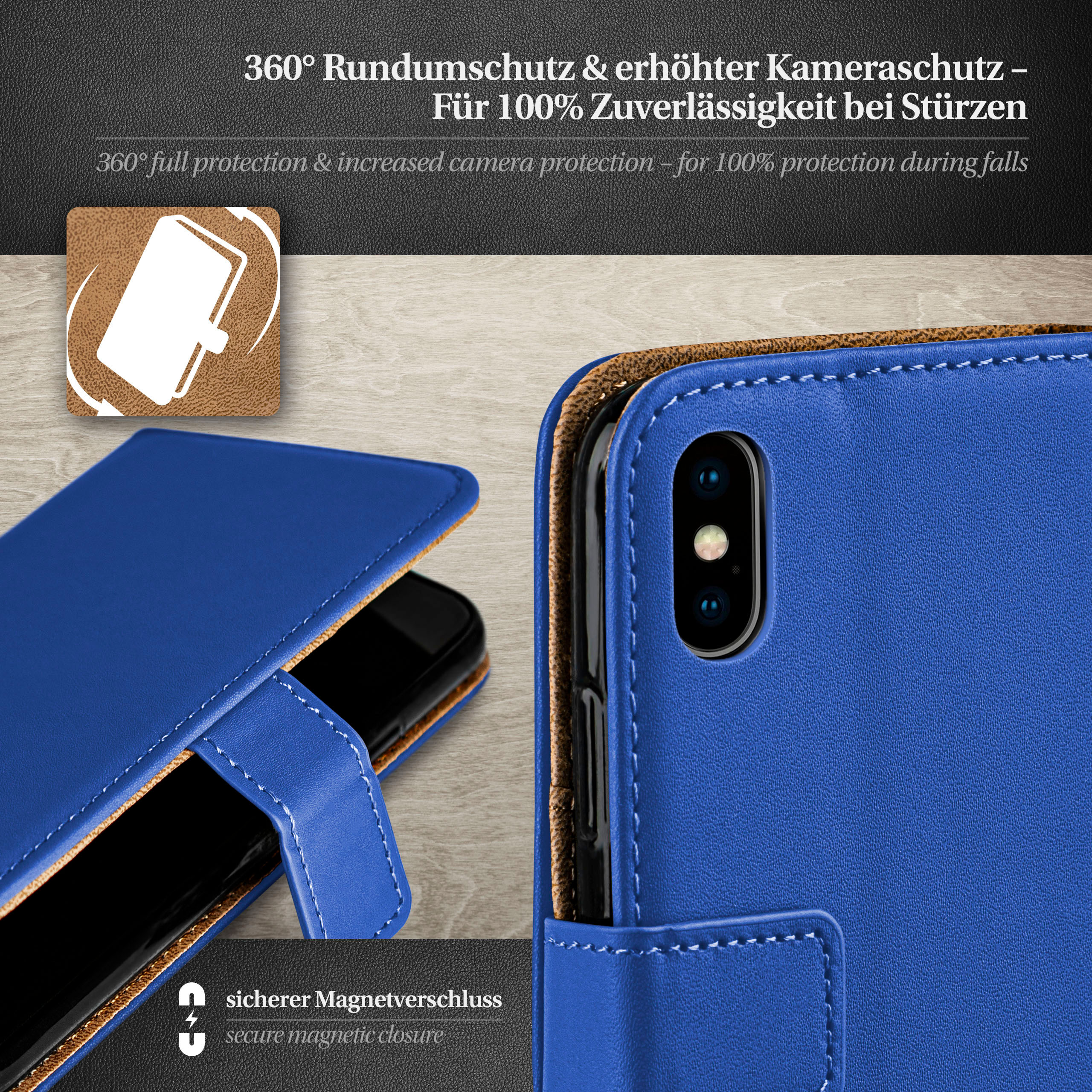 Blaue Handyhülle mit Telefon. Vollschutz und Magnetverschluss. Brauner Akzent.