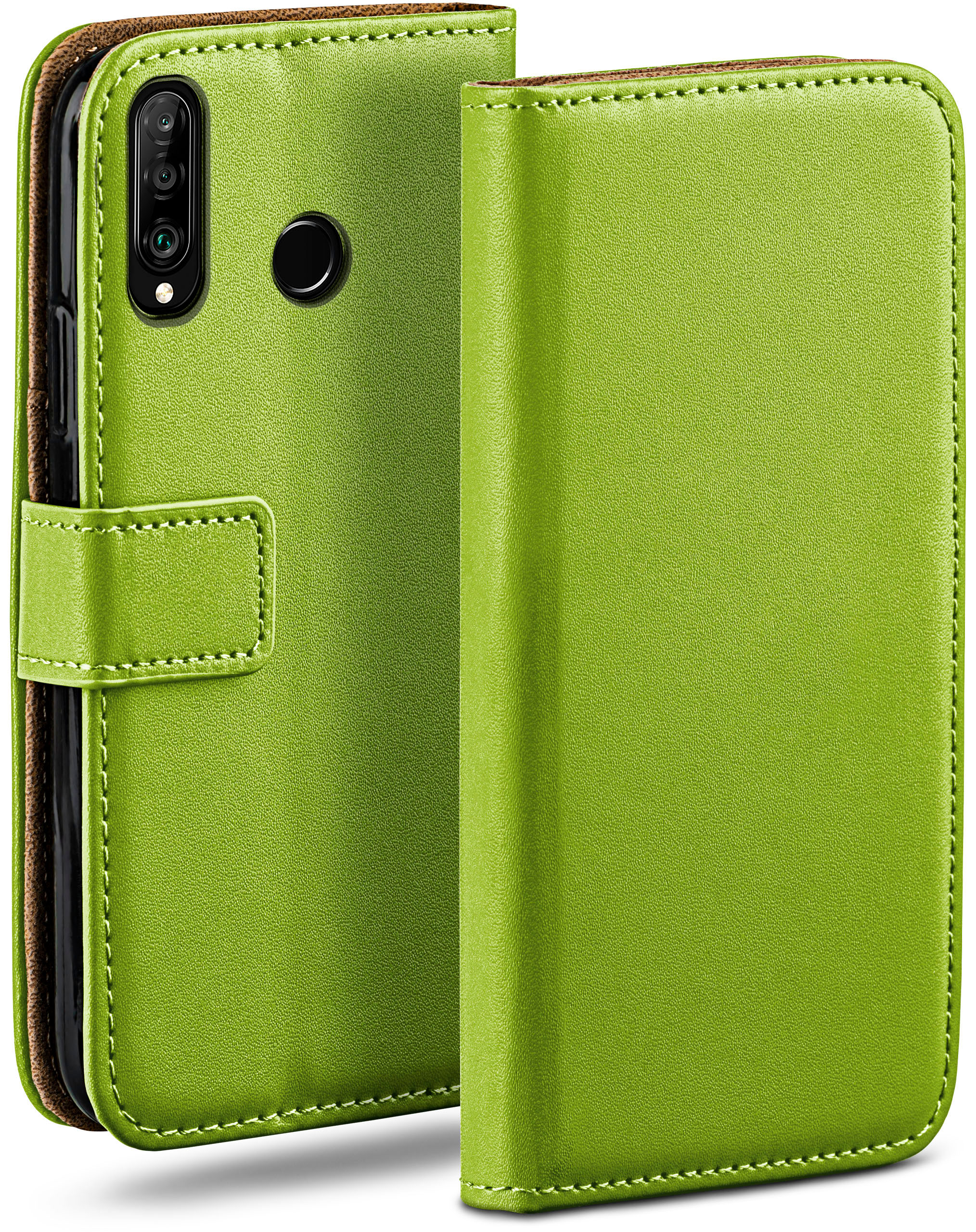 Eine grüne Leder-Handyhülle, die sich öffnet, um ein Telefon freizugeben. Braune Innenseite.
