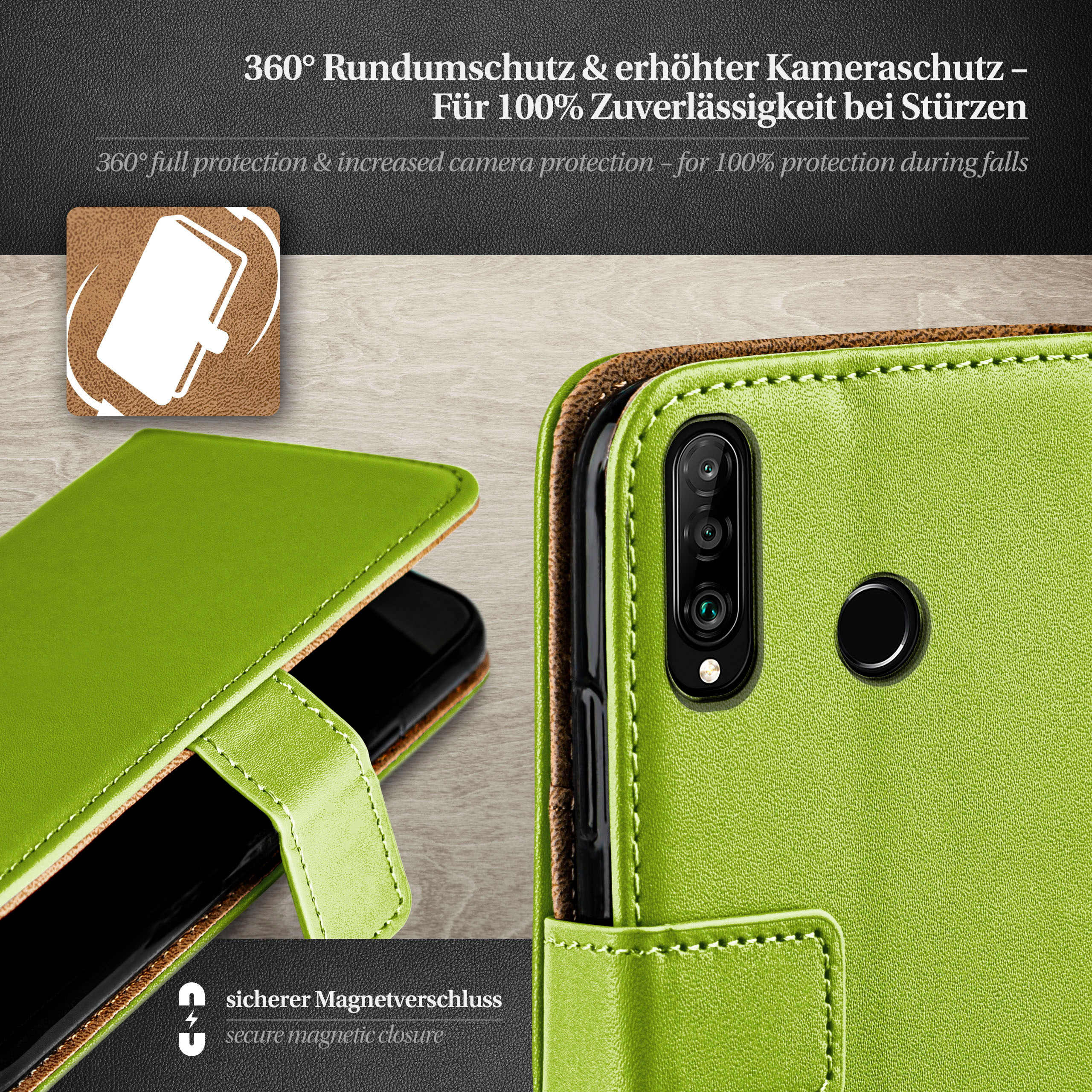 Eine grüne Handyhülle mit einem Telefon darin. Die Hülle liegt auf einer Holzoberfläche.