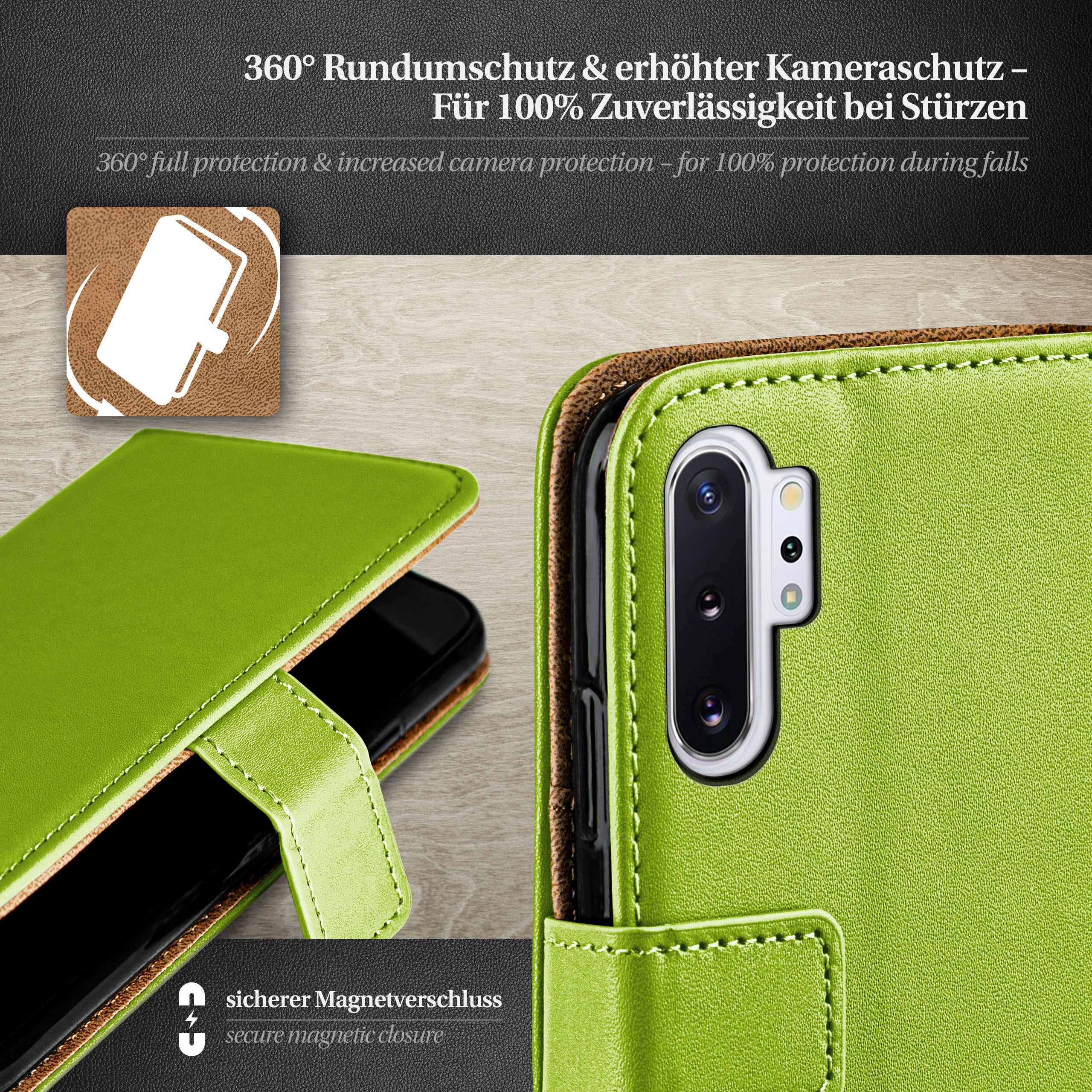 Grüne Handyhülle mit Telefon. Text über Schutz und Stürze.