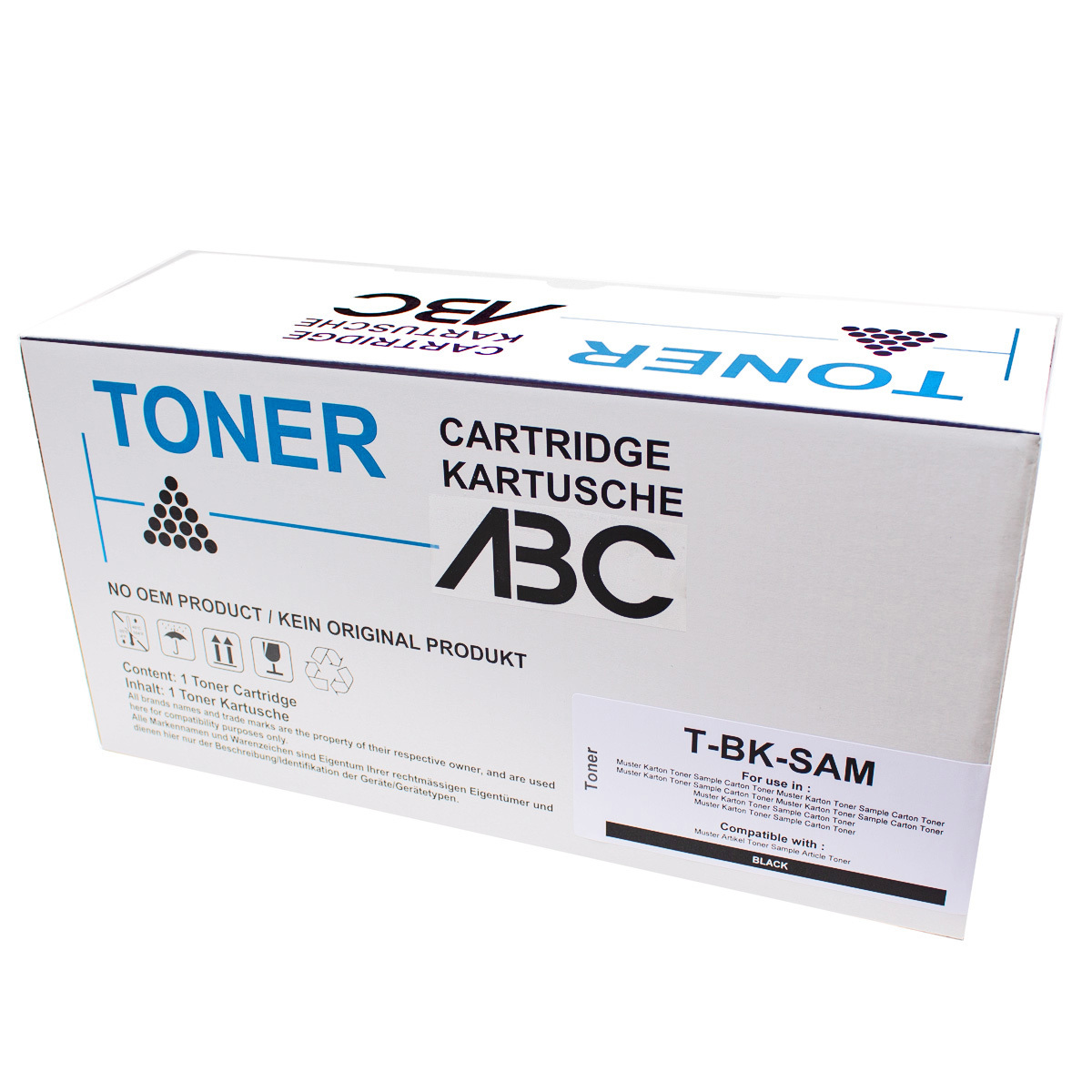 Tonerkartuschenbox mit schwarzem Text und grafischen Elementen. Aufschrift: Toner Cartridge, ABC. Schwarz.