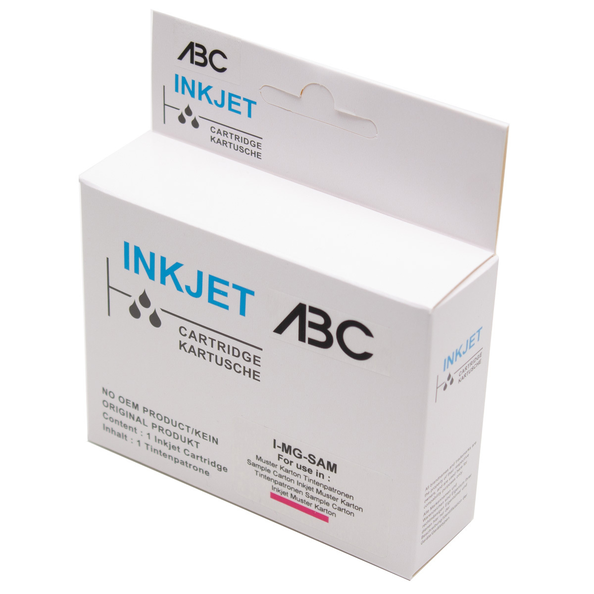 Tintenpatronenverpackung mit 'INKJET' und 'ABC' Branding, weißer Hintergrund.