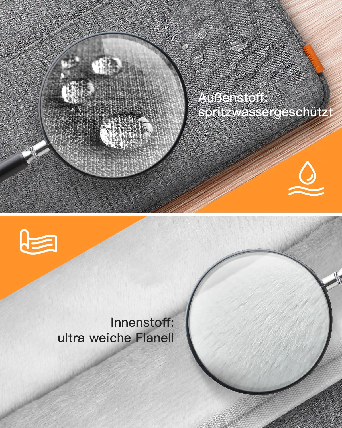Nahaufnahme eines grauen Stoffes mit Wassertropfen und Flanell.