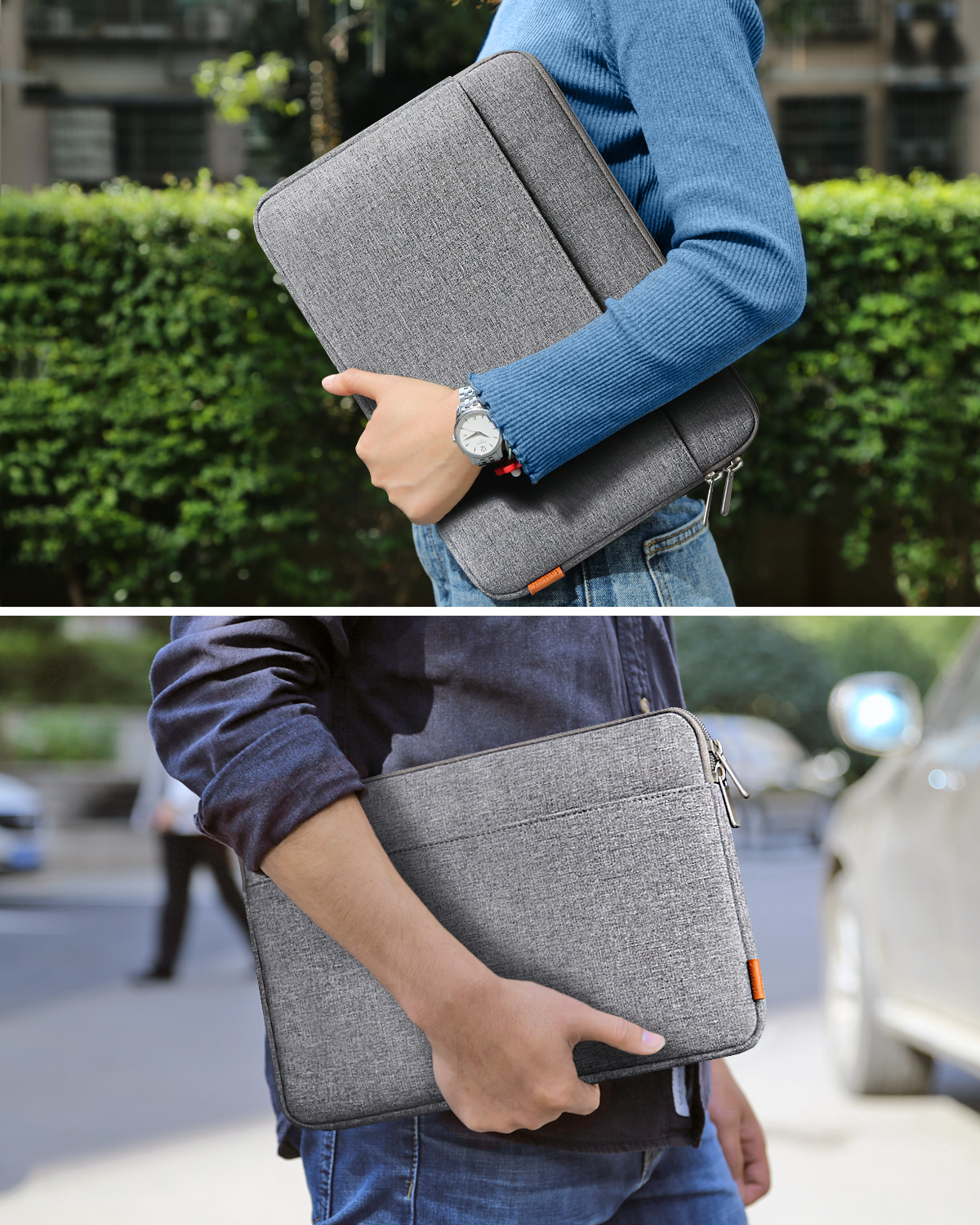 Zwei Personen halten graue Laptoptaschen mit Reißverschlüssen.