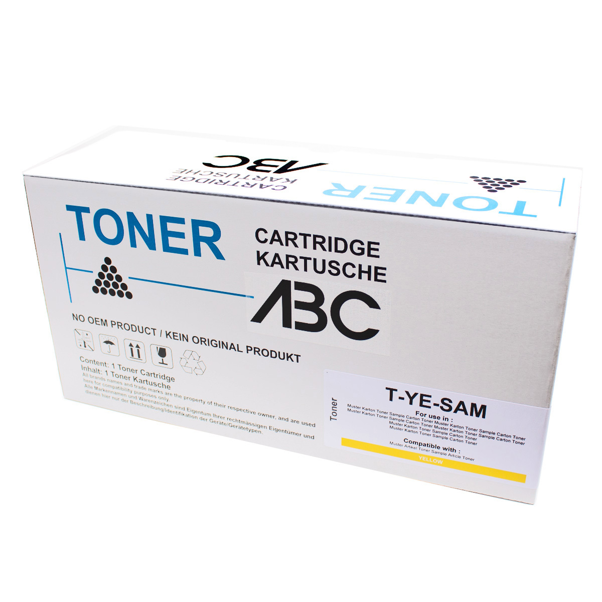 Weiß-gelber Toner-Druckerpatronen-Karton mit Text und Logo.