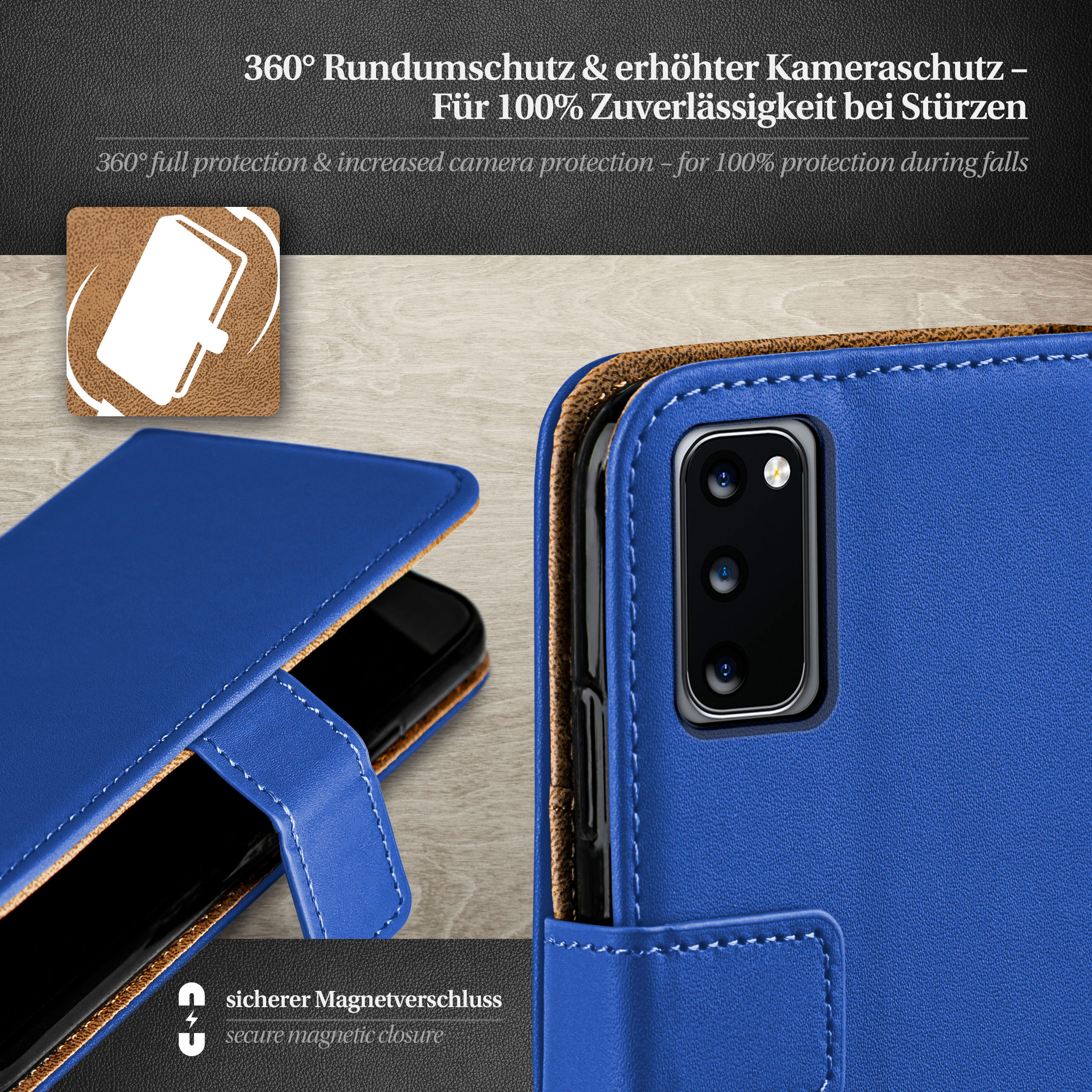 Blaue Handyhülle geöffnet, um ein Telefon anzuzeigen, mit Text und Symbolen auf weißem Hintergrund.