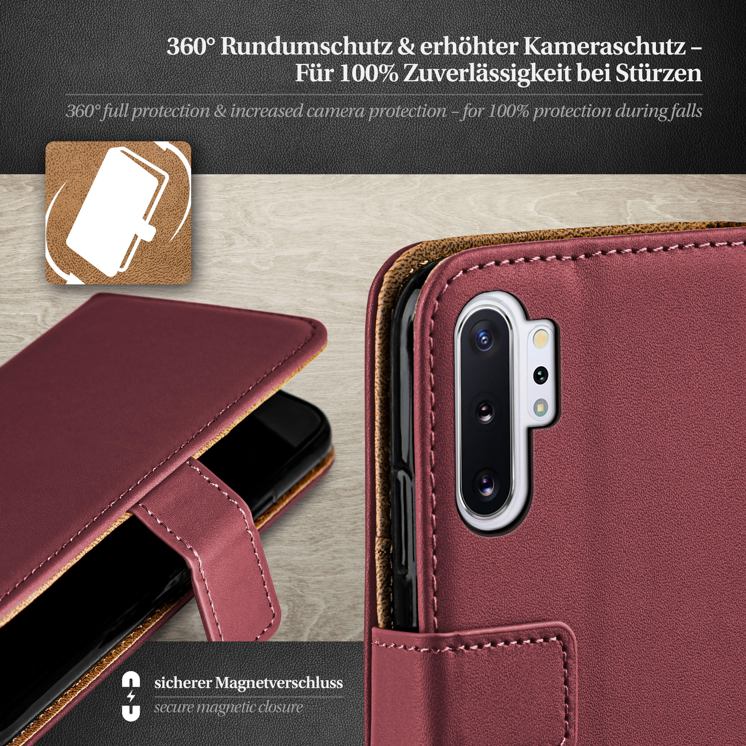 Burgunderfarbene Handyhülle mit Telefon, Lederoptik. Text sagt 'Magnetverschluss'.