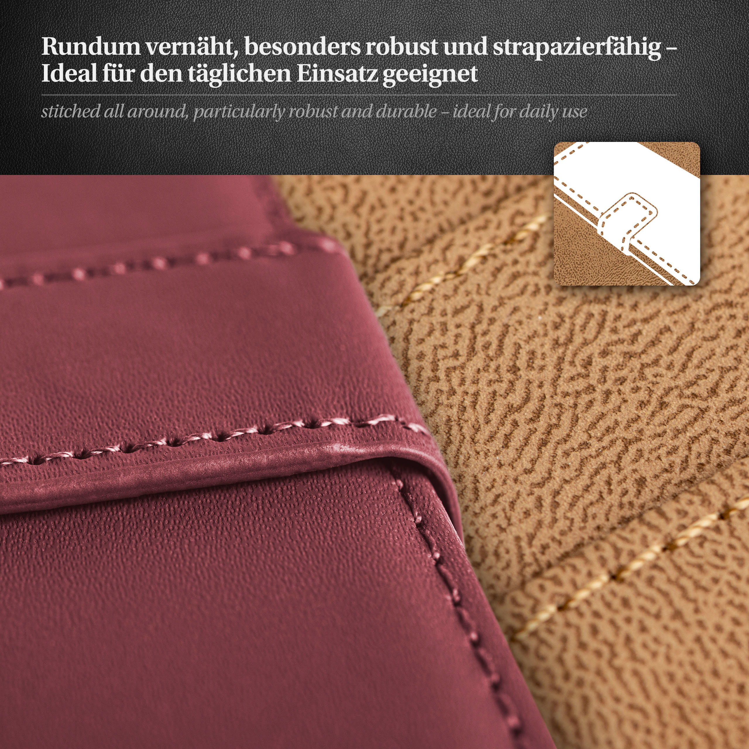 Nahaufnahme von genähtem Leder, mit burgunderrotem Lederrand und beigem Innenraum, und Text.