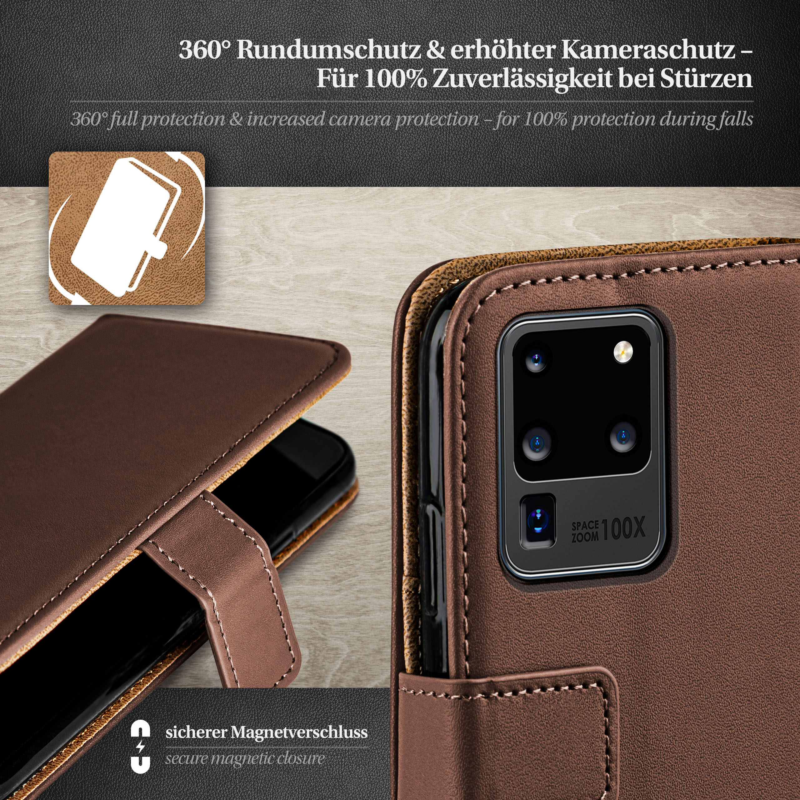 Braune Leder-Handyhülle mit Telefon darin. Ein Magnetverschluss ist sichtbar.