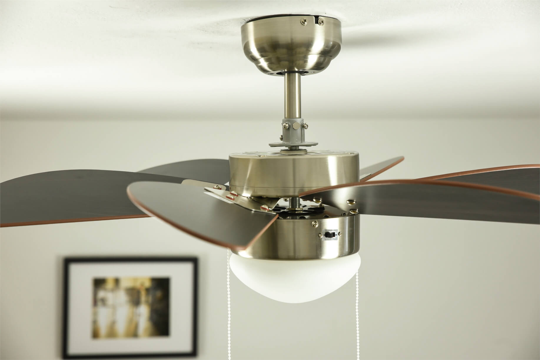 Ein Deckenventilator mit dunkelgrauen Flügeln und einer Leuchte hängt in einem Raum. Im Hintergrund befindet sich ein gerahmtes Bild.