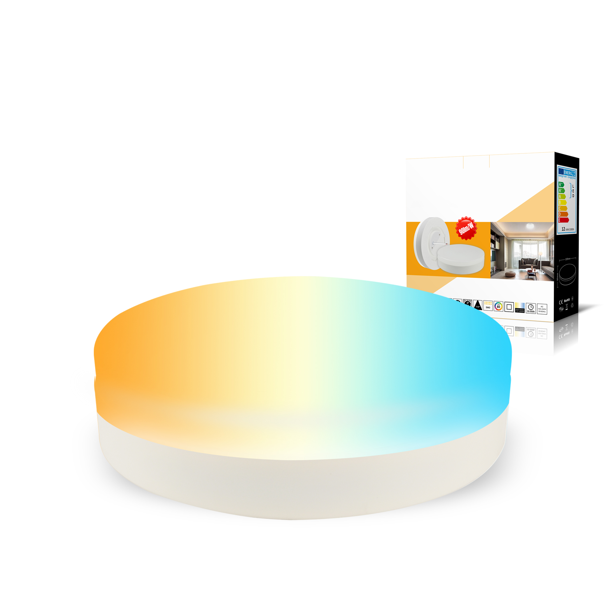Runde, weiß-blaue LED-Deckenleuchte mit Farbverlauf. Weißer Sockel, eine Box mit ähnlichem Licht im Hintergrund.