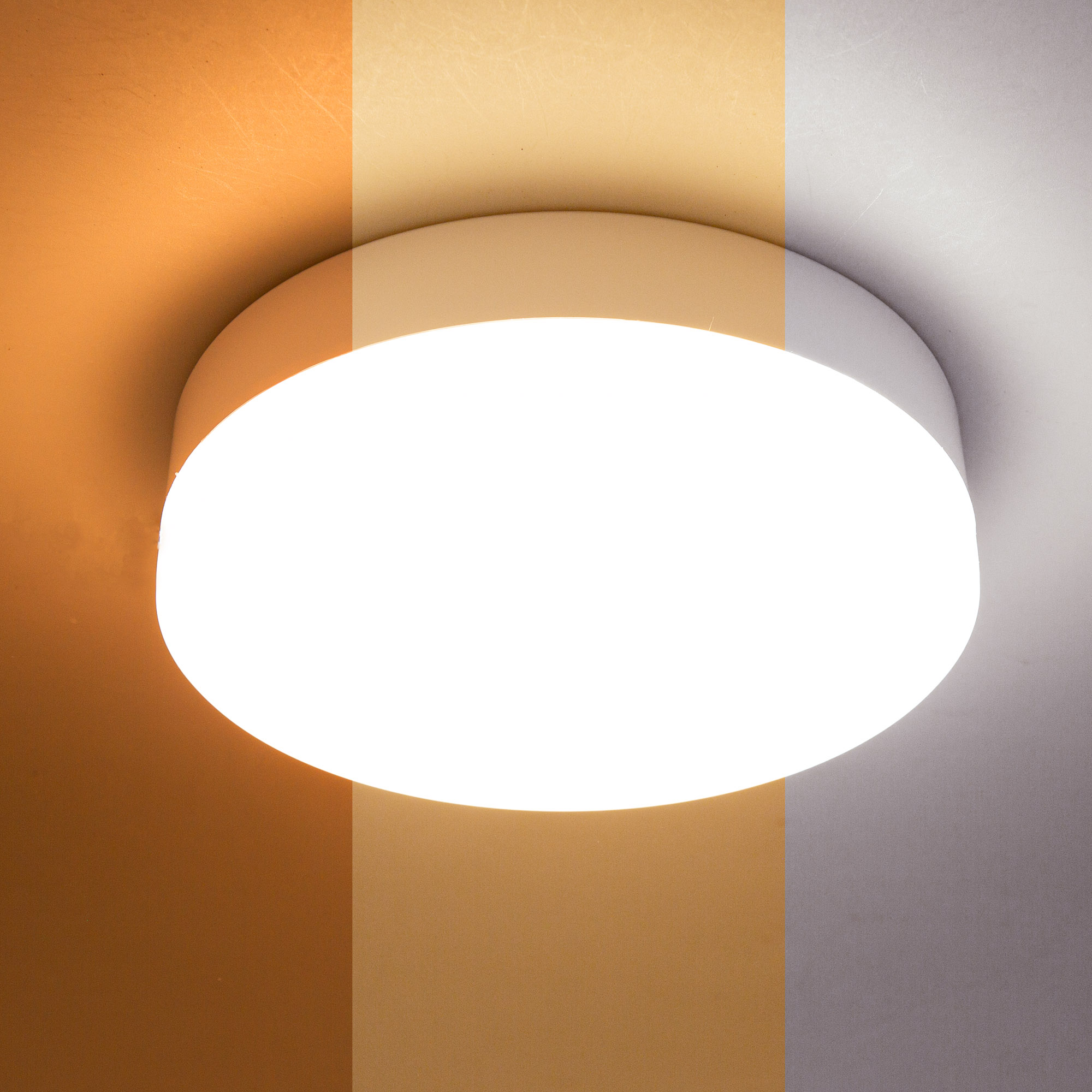 Runde LED-Deckenleuchte mit drei Farbtemperaturzonen: warm, neutral und kühl.