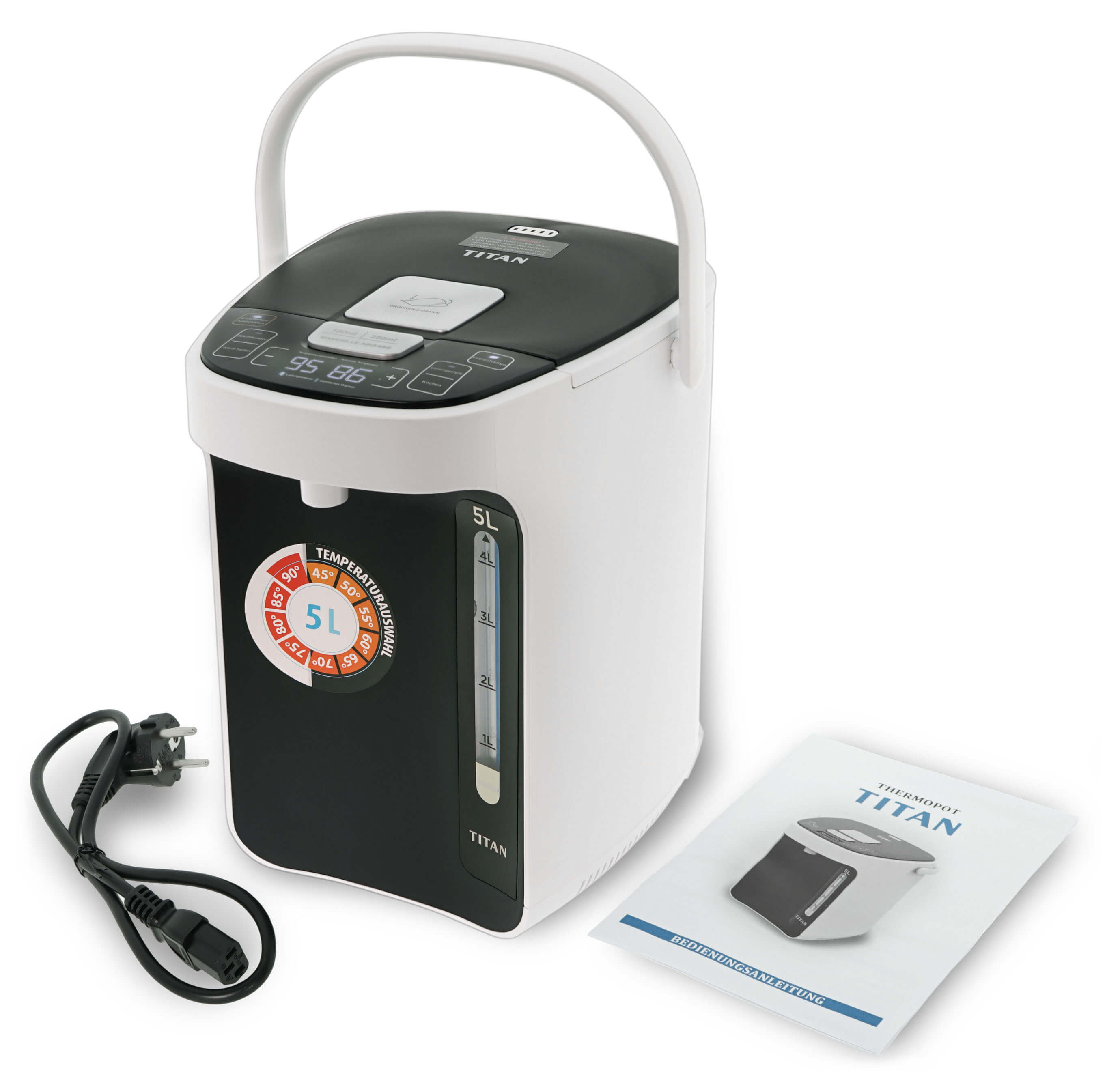 Weißer und schwarzer elektrischer Wasserkocher mit Griff. Eine Bedienungsanleitung und der Netzstecker sind sichtbar.