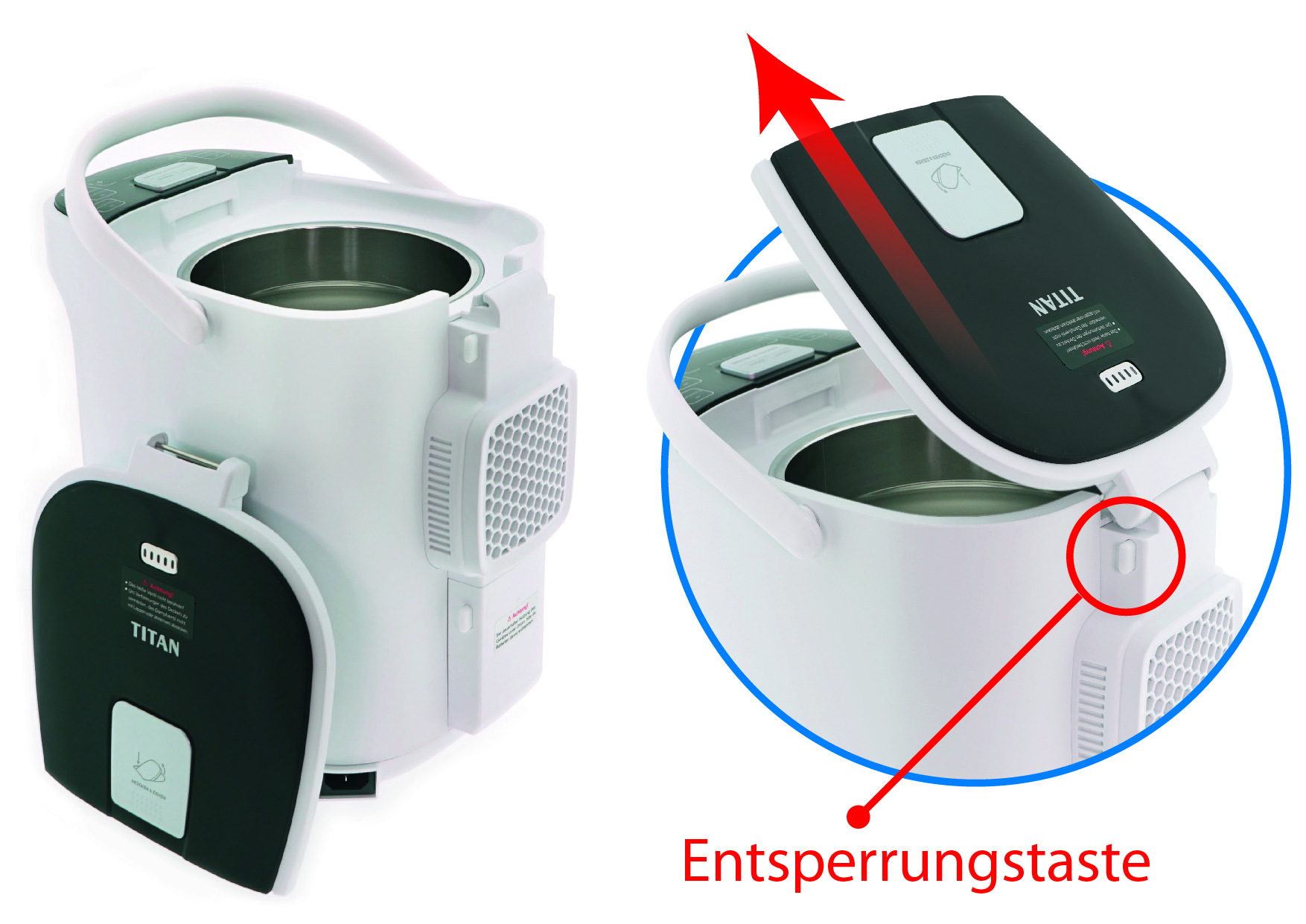 Weißes und schwarzes Gerät mit offenem Deckel, das Innere zeigend und ein Pfeil, der auf einen Knopf zeigt.