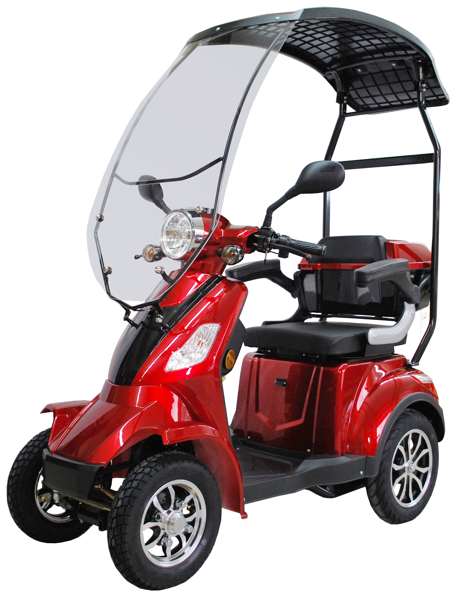 Roter Mobilitätsroller mit Verdeck. Der Roller hat drei Räder und einen Sitz.