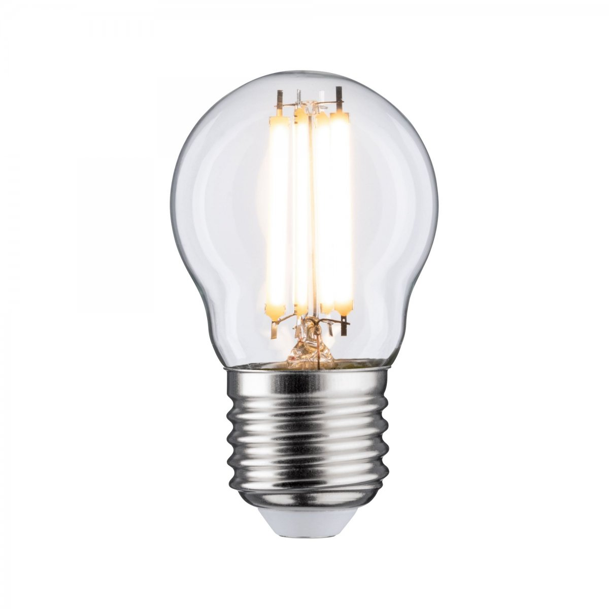 Przezroczysta żarówka ze srebrną podstawą. Wewnątrz dwa pionowe żarniki jasno świecą.