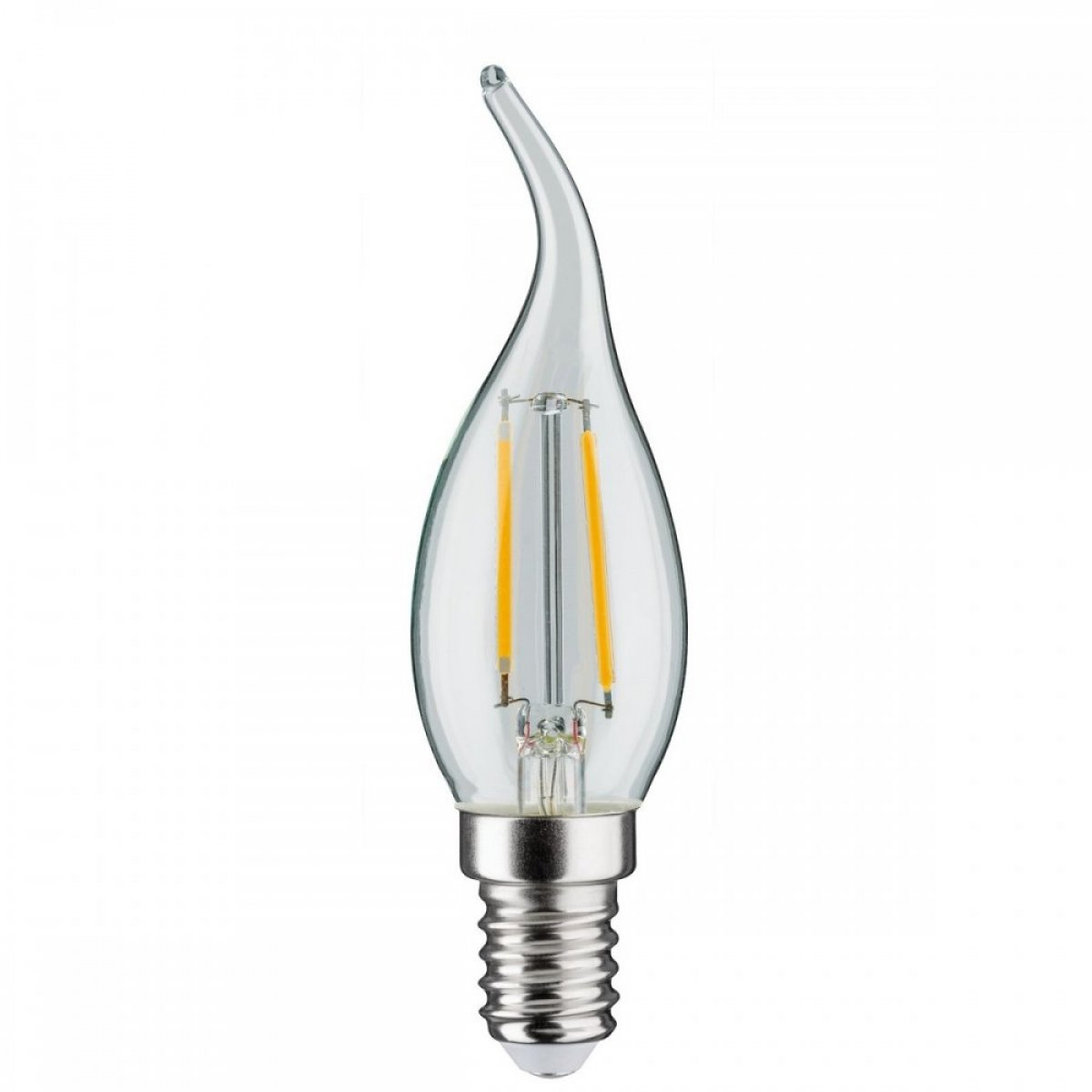 Przezroczysta, zakrzywiona żarówka LED ze srebrną podstawą na białym tle.