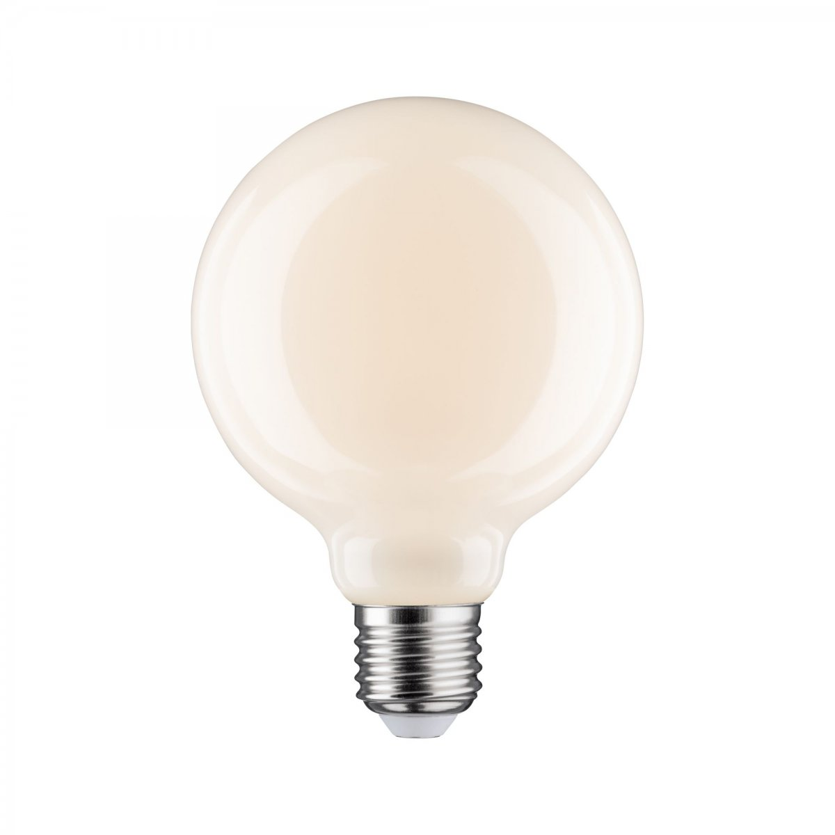 Duża, okrągła, kremowa żarówka. Ma standardową srebrną podstawę.