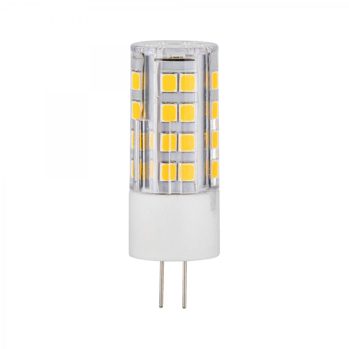 LED G4-Glühbirne mit Stiften, transparentes Gehäuse, gelbes Licht, auf weißem Hintergrund.