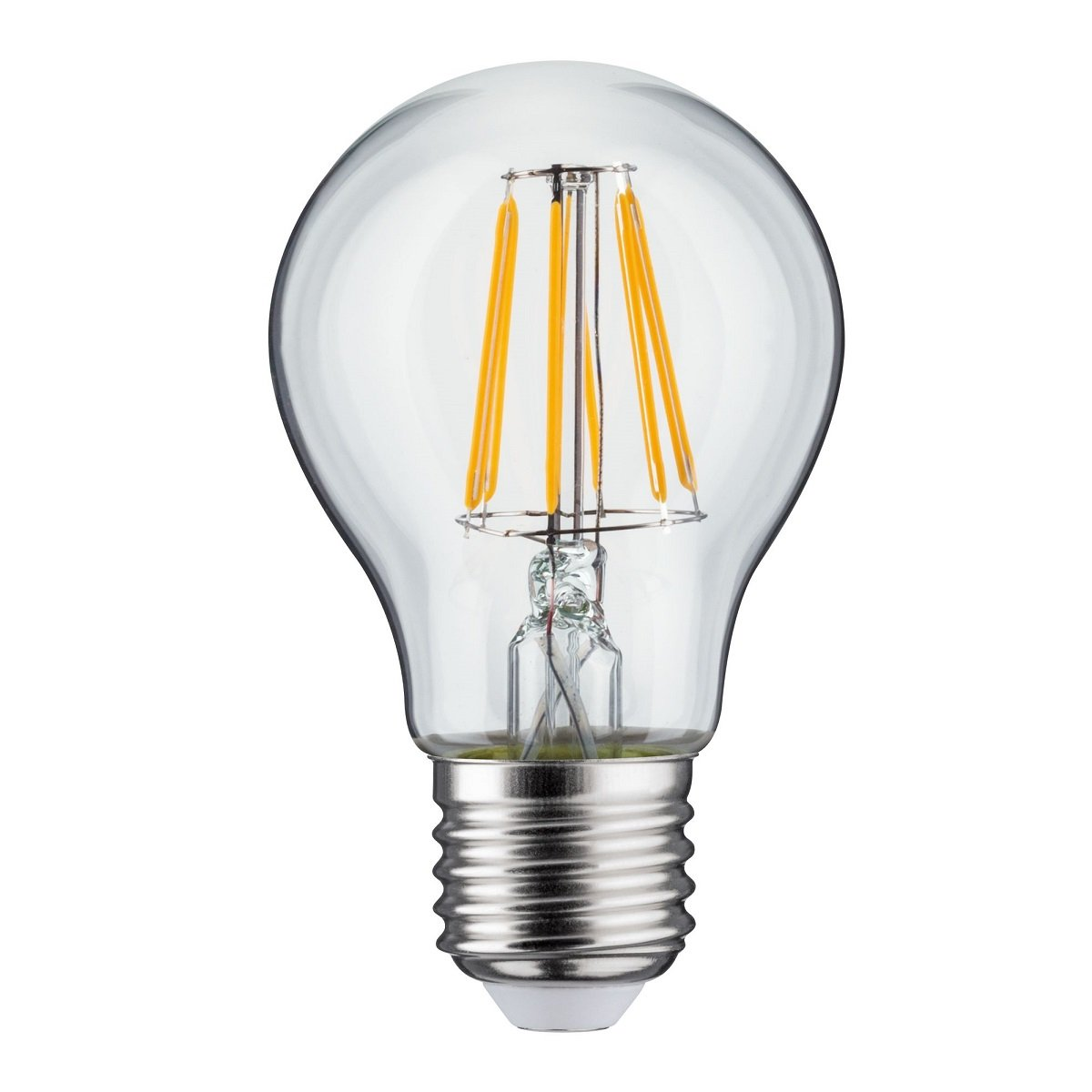 Przezroczysta żarówka z żółtymi włóknami i srebrną podstawą, na białym tle.
