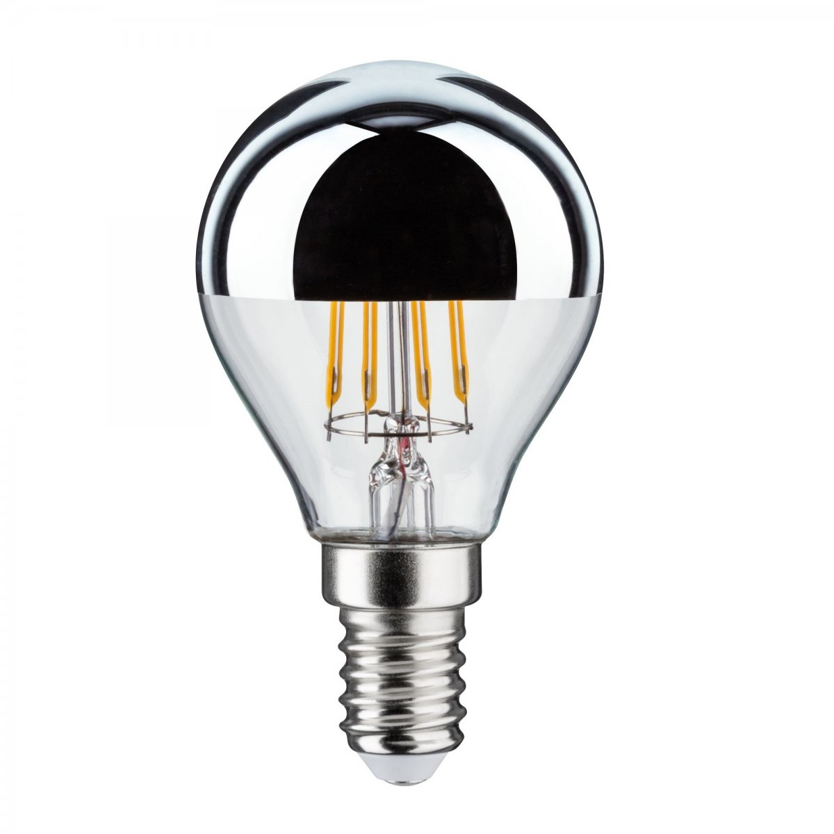 Przezroczysta żarówka z chromowaną górą i żółtymi włóknami na białym tle.