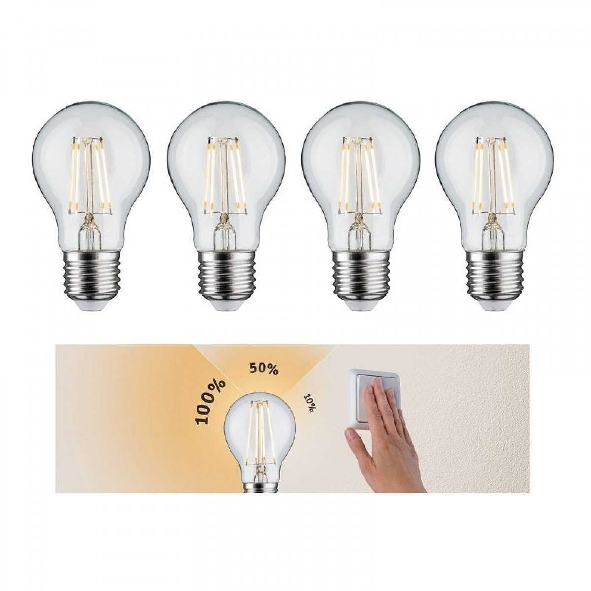 Cztery przezroczyste żarówki świecą. Jedna pokazuje poziomy ściemniania. Ręka dotyka przełącznika.