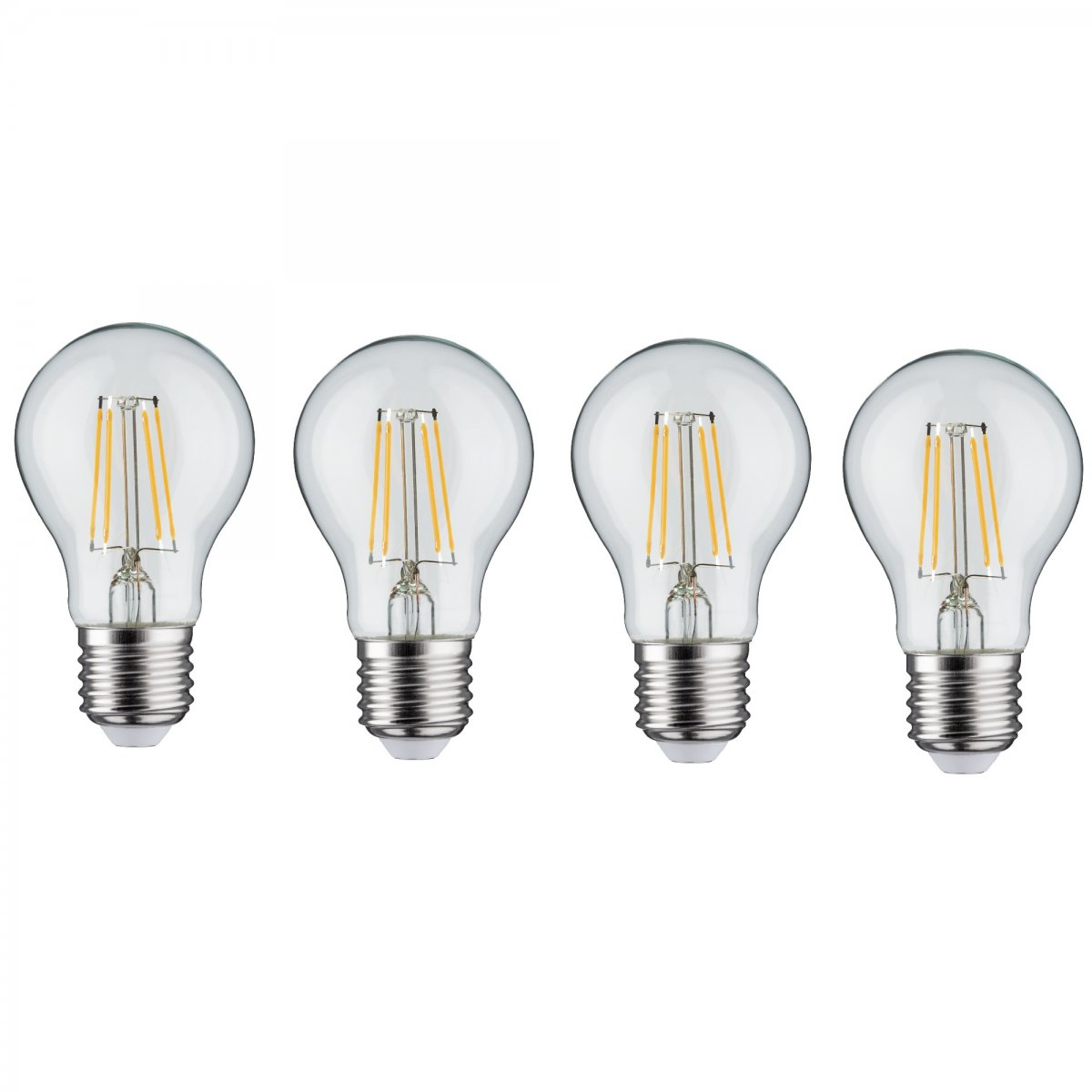 Cztery przezroczyste żarówki z widocznymi żarnikami i srebrnymi podstawami.
