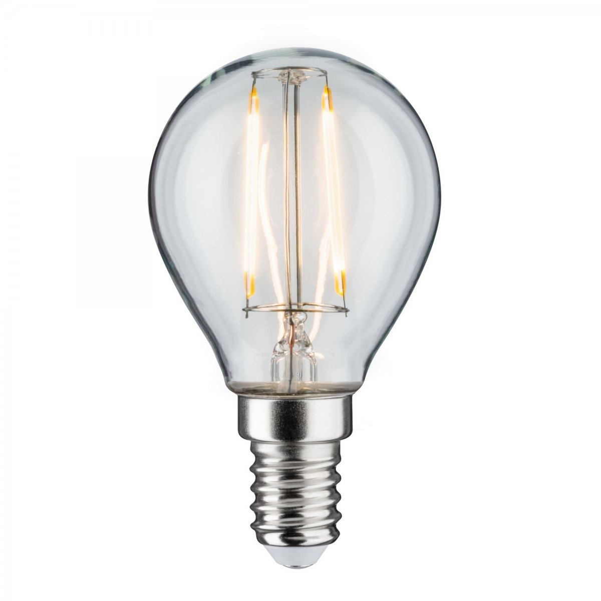 Przezroczysta żarówka z ozdobnym żarnikiem. Ma srebrną podstawę i kulisty kształt.