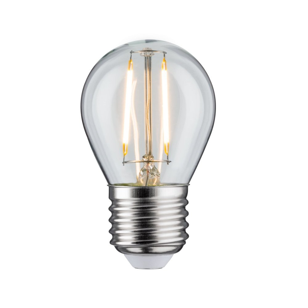 Przezroczysta żarówka z szarą podstawą. Żarówka ma dwa pionowe żarniki w środku.