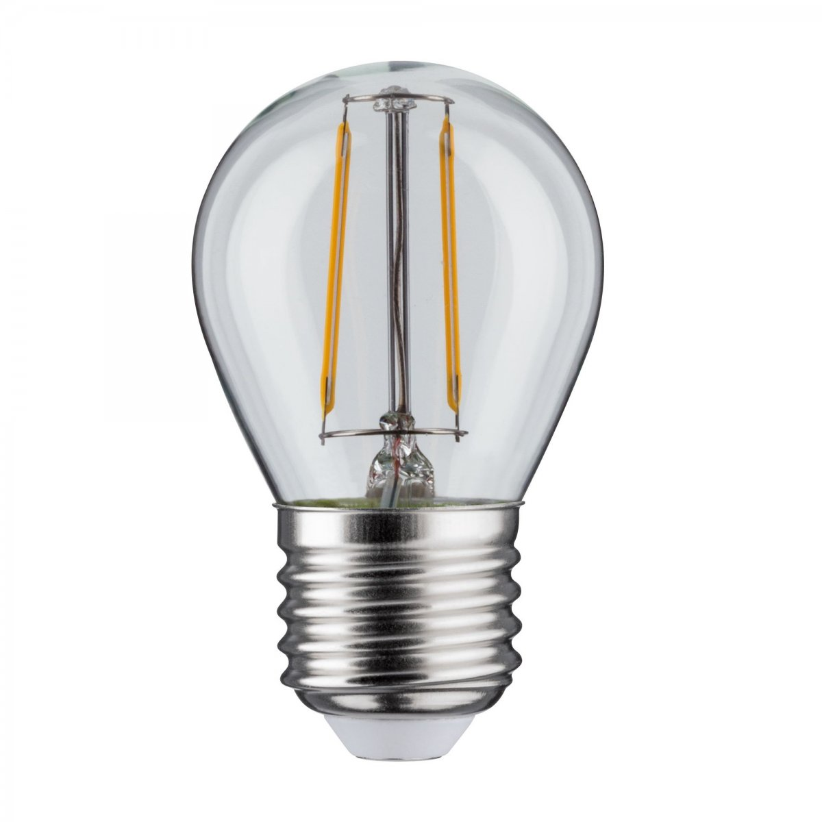 Przezroczysta szklana żarówka z widocznymi włóknami i srebrną podstawą. Izolowana na białym tle.