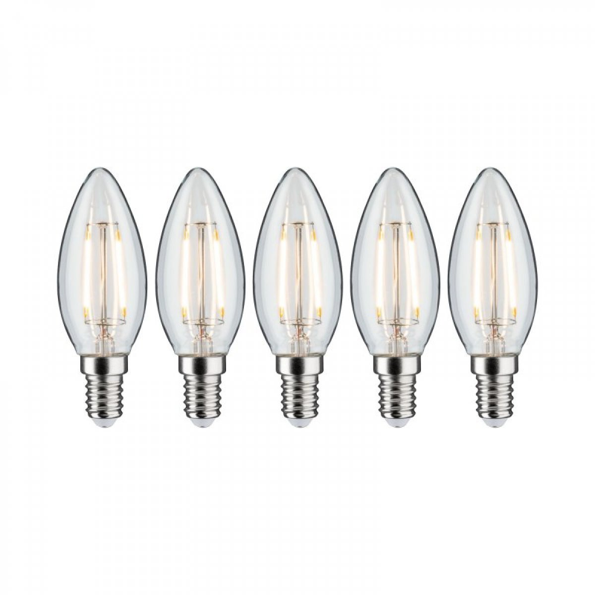 Pięć przezroczystych żarówek w rzędzie z srebrnymi podstawami na białym tle.