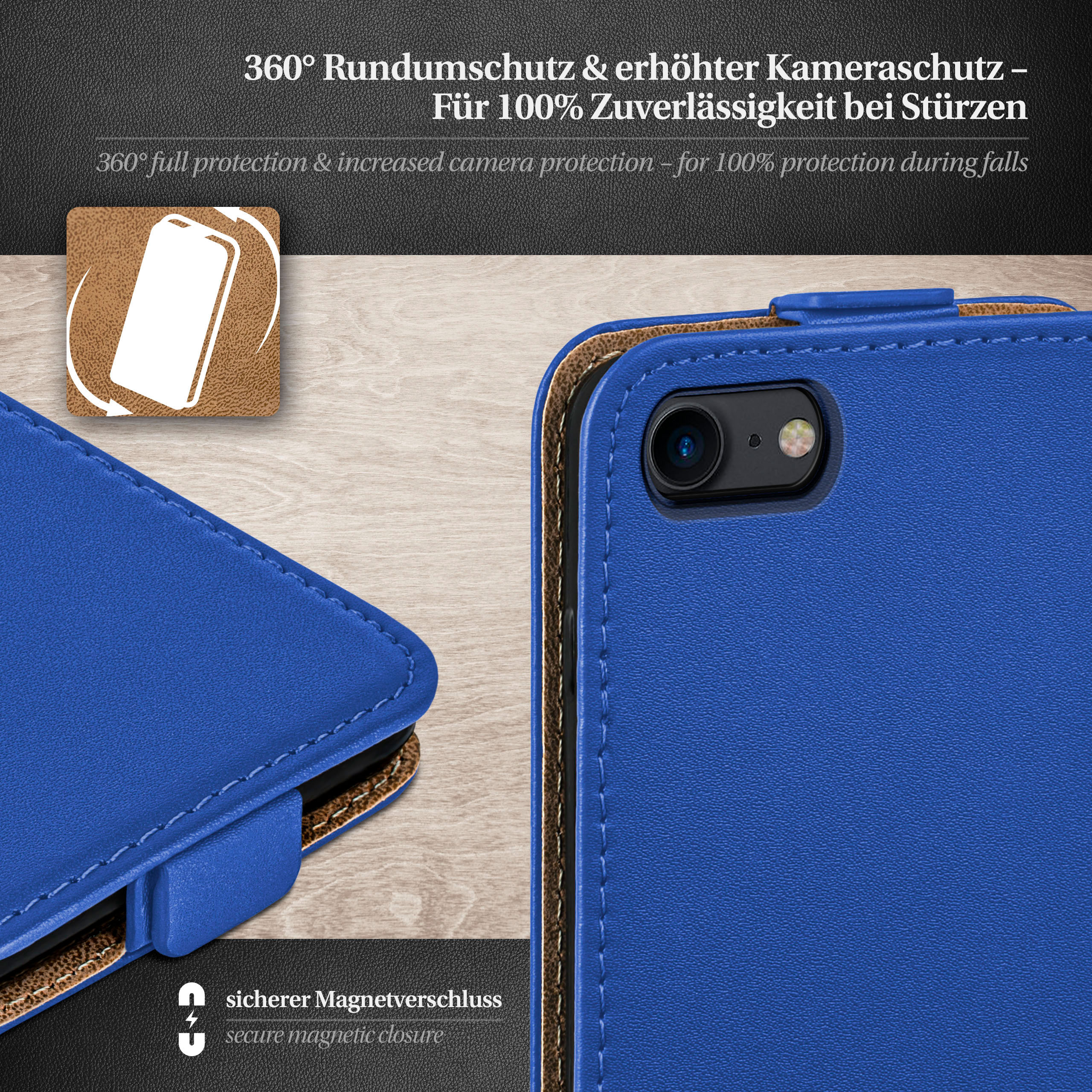 Eine blaue Handyhülle mit einem schwarzen Telefon im Inneren. Eine kleine, weiße Grafik befindet sich in der Ecke.
